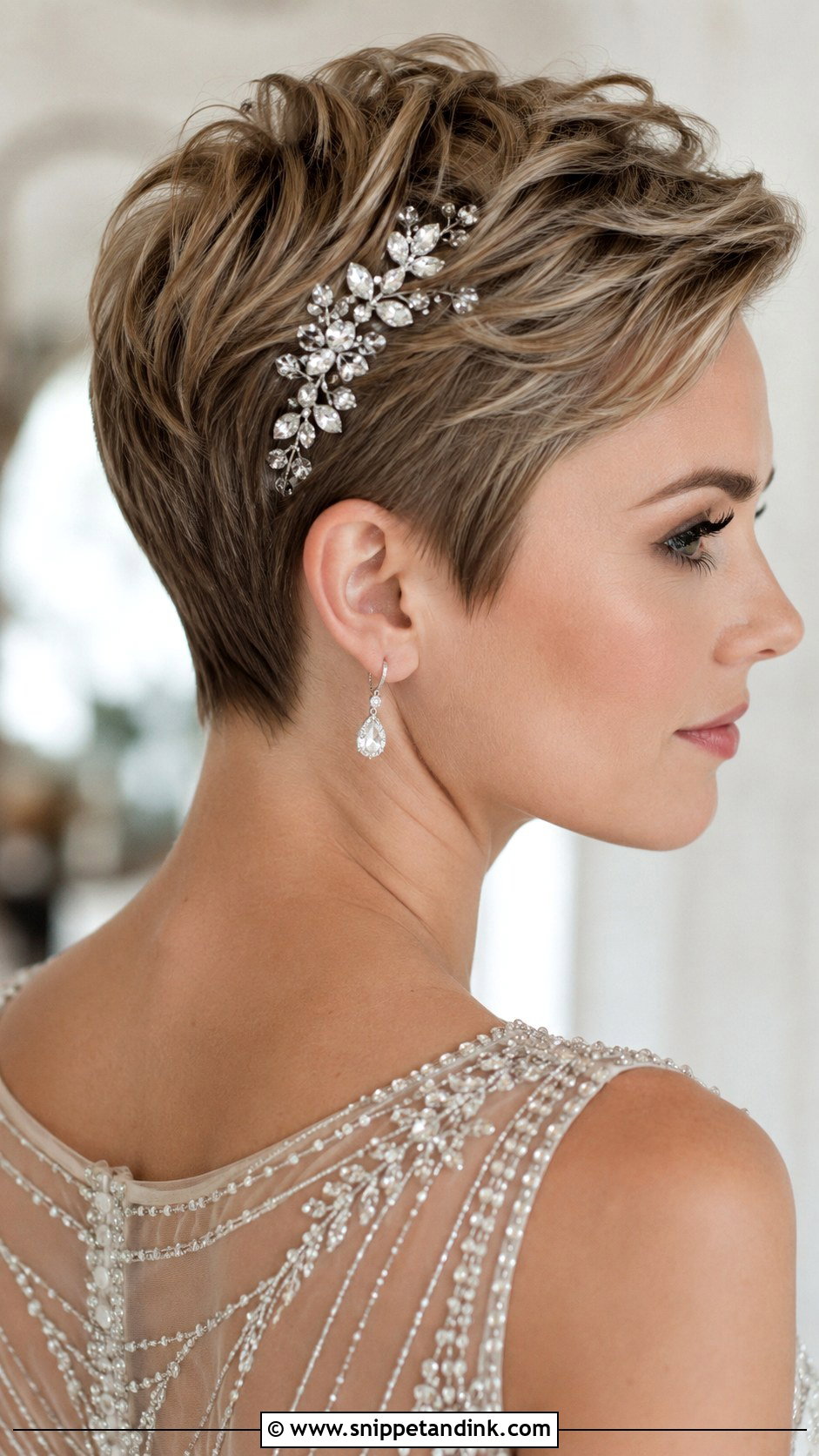 Pixie Cut With Jeweled Hairpiece - Snippet and Ink - 25 Short Bridal Hairstyles