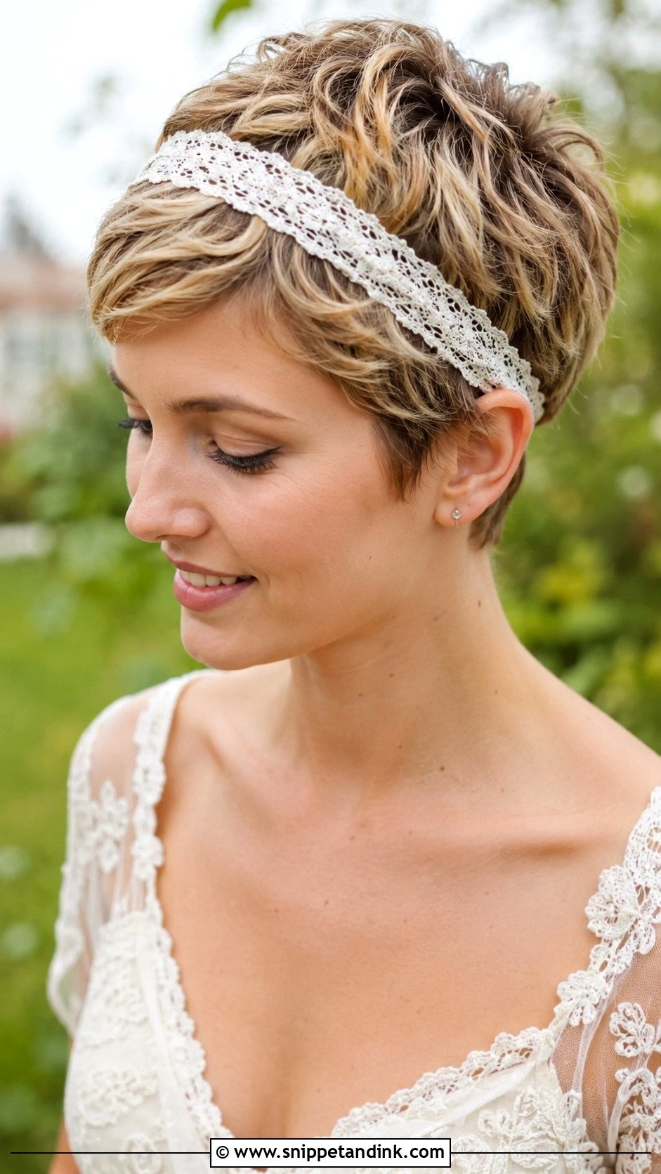 Pixie Cut With Lace Headband - Snippet and Ink - 25 Pixie Cut Wedding Hair Ideas
