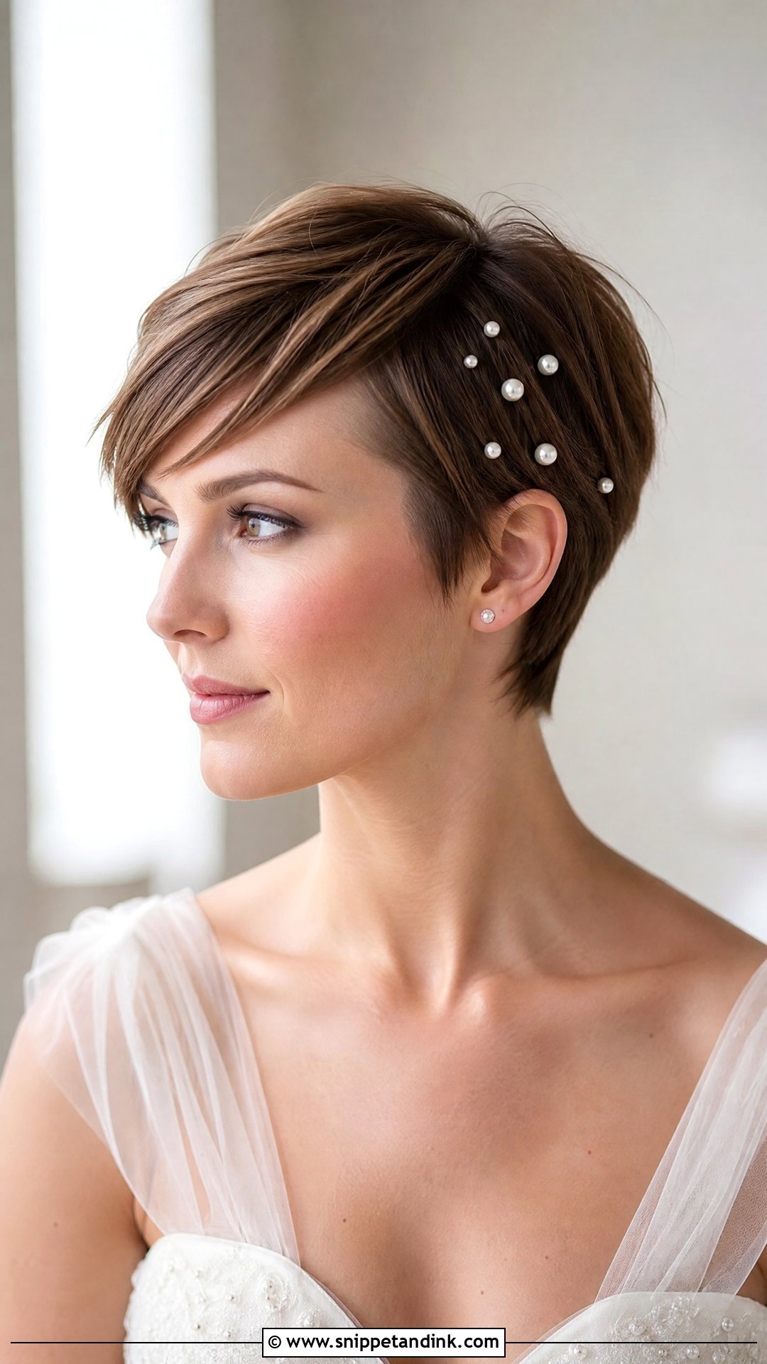 Pixie Cut With Pearl Hair Pins - Snippet and Ink - 20 Pixie Short Hair Wedding Styles