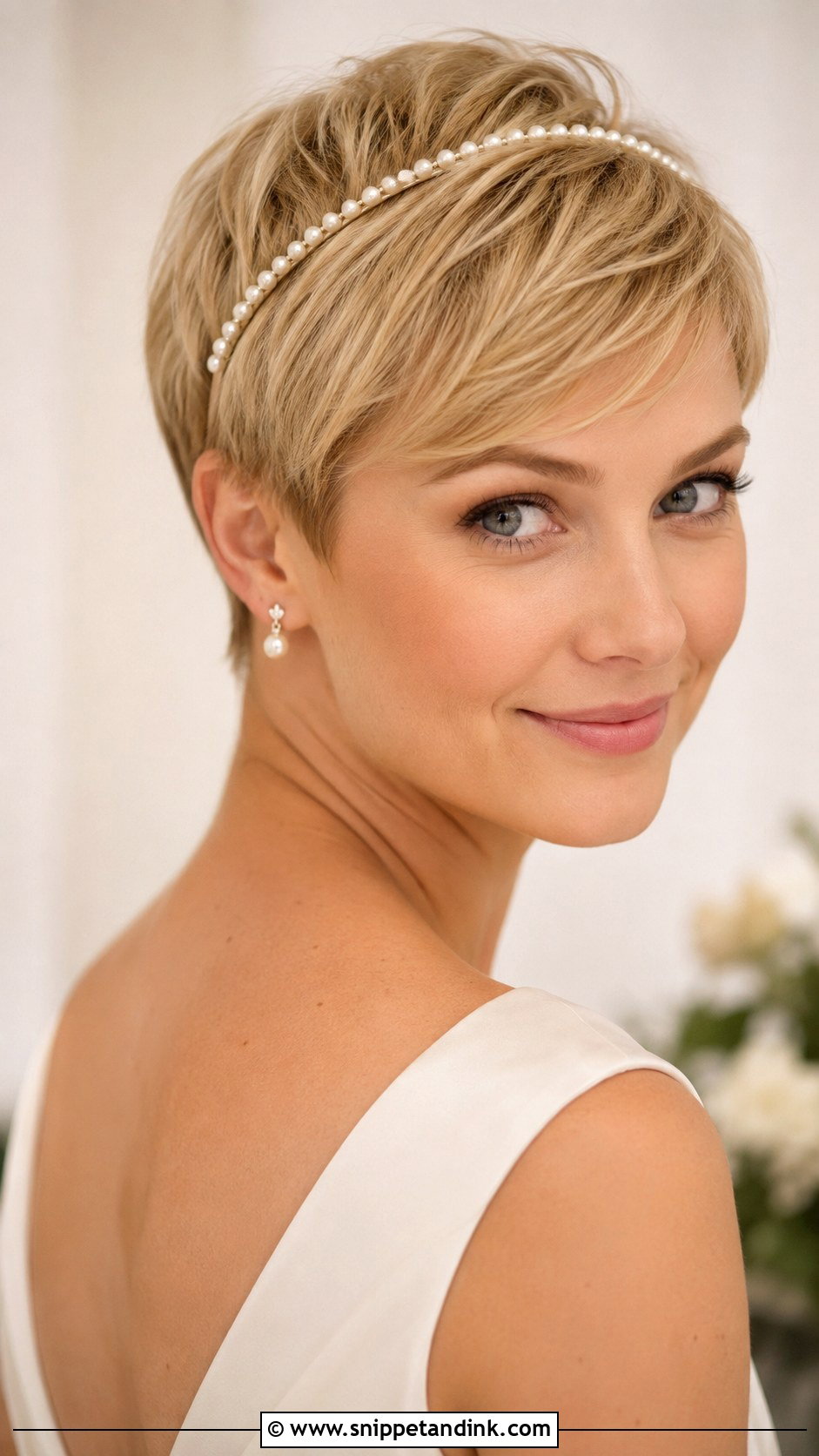 Pixie Cut With Pearl Headband Wedding Hair - Snippet and Ink - 15 Very Short Hair Wedding Styles