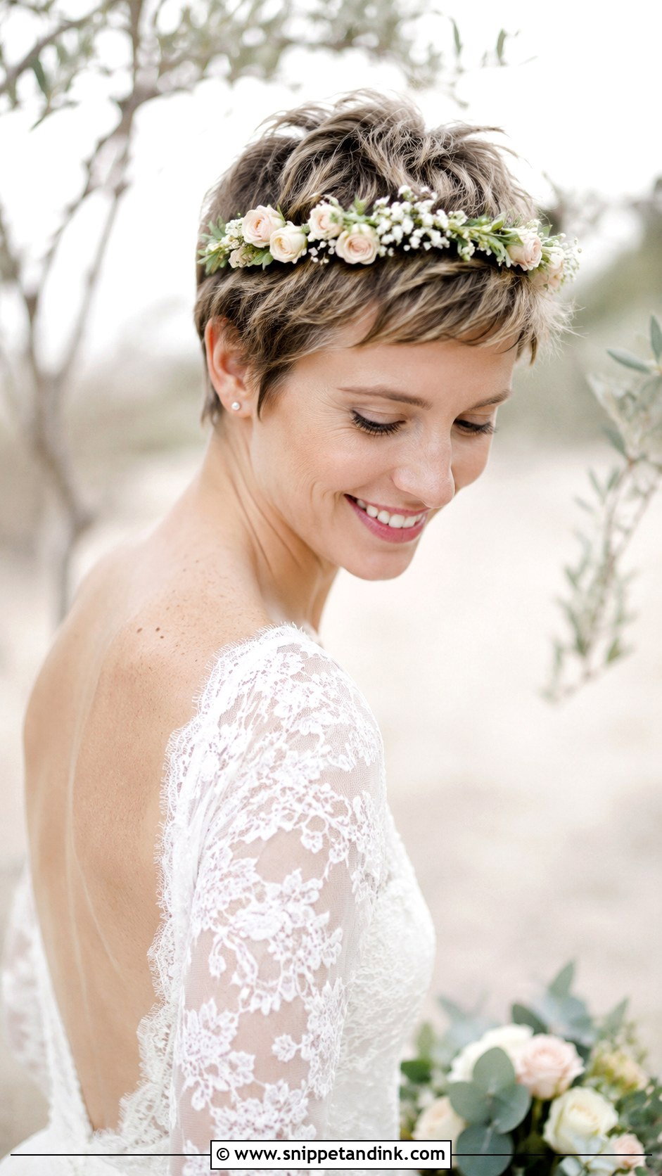 Pixie Cut With a Floral Crown - Snippet and Ink - 25 Hair Styles for Short Hair Wedding