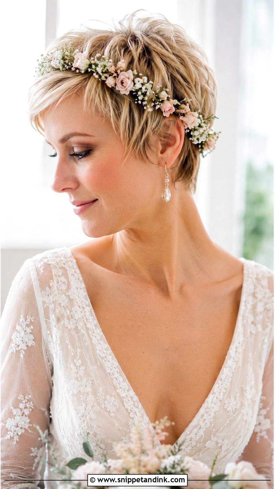 Pixie Cut with Floral Crown - Snippet and Ink - 25 Bride with Short Hair Ideas
