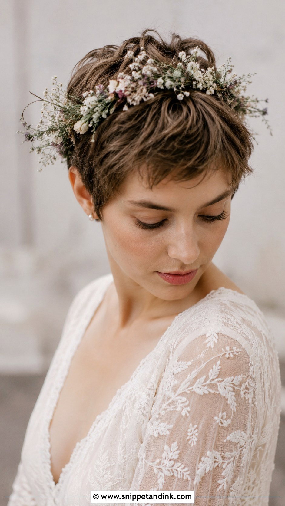 Pixie Cut with Flower Crown - Snippet and Ink - 25 Hairstyle for Wedding Short Hair Ideas
