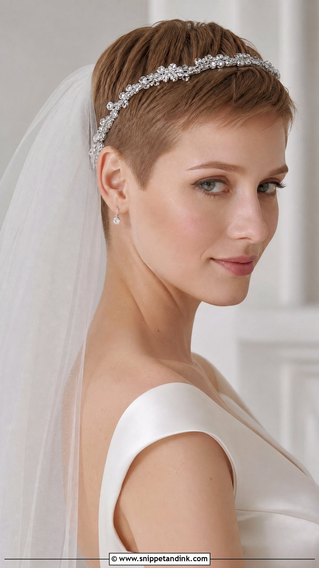 Pixie With Crystal Headband Veil - Snippet and Ink - 20 Short Veil Hairstyles