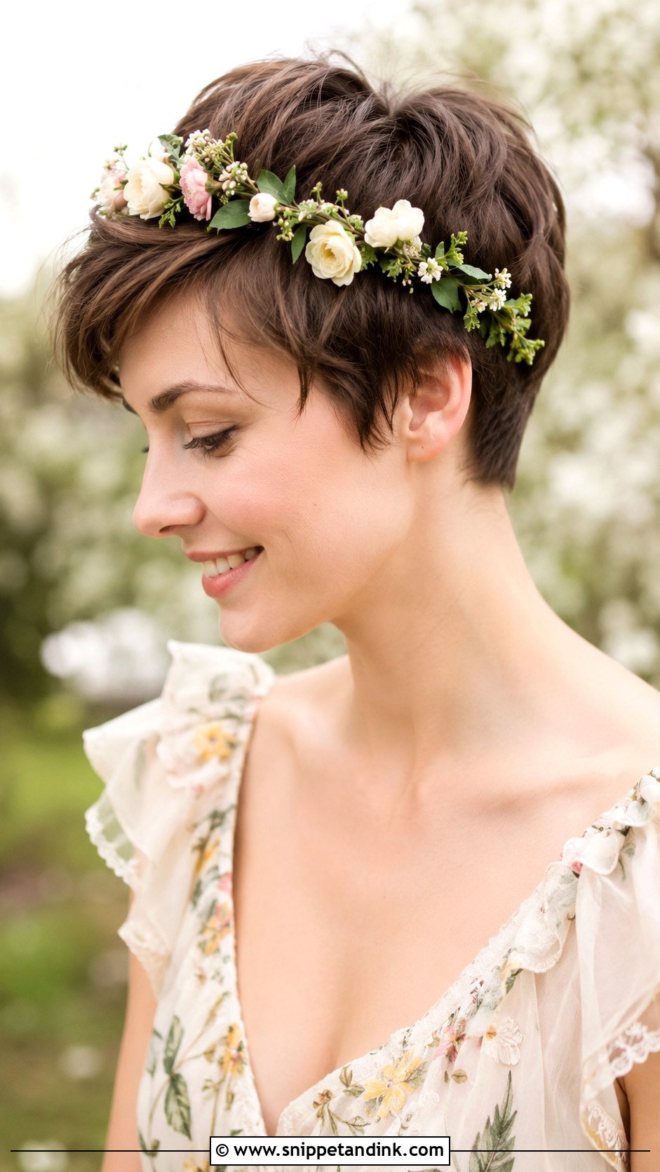Pixie With Floral Crown - Snippet and Ink - 25 Wedding Guest Short Hairstyles