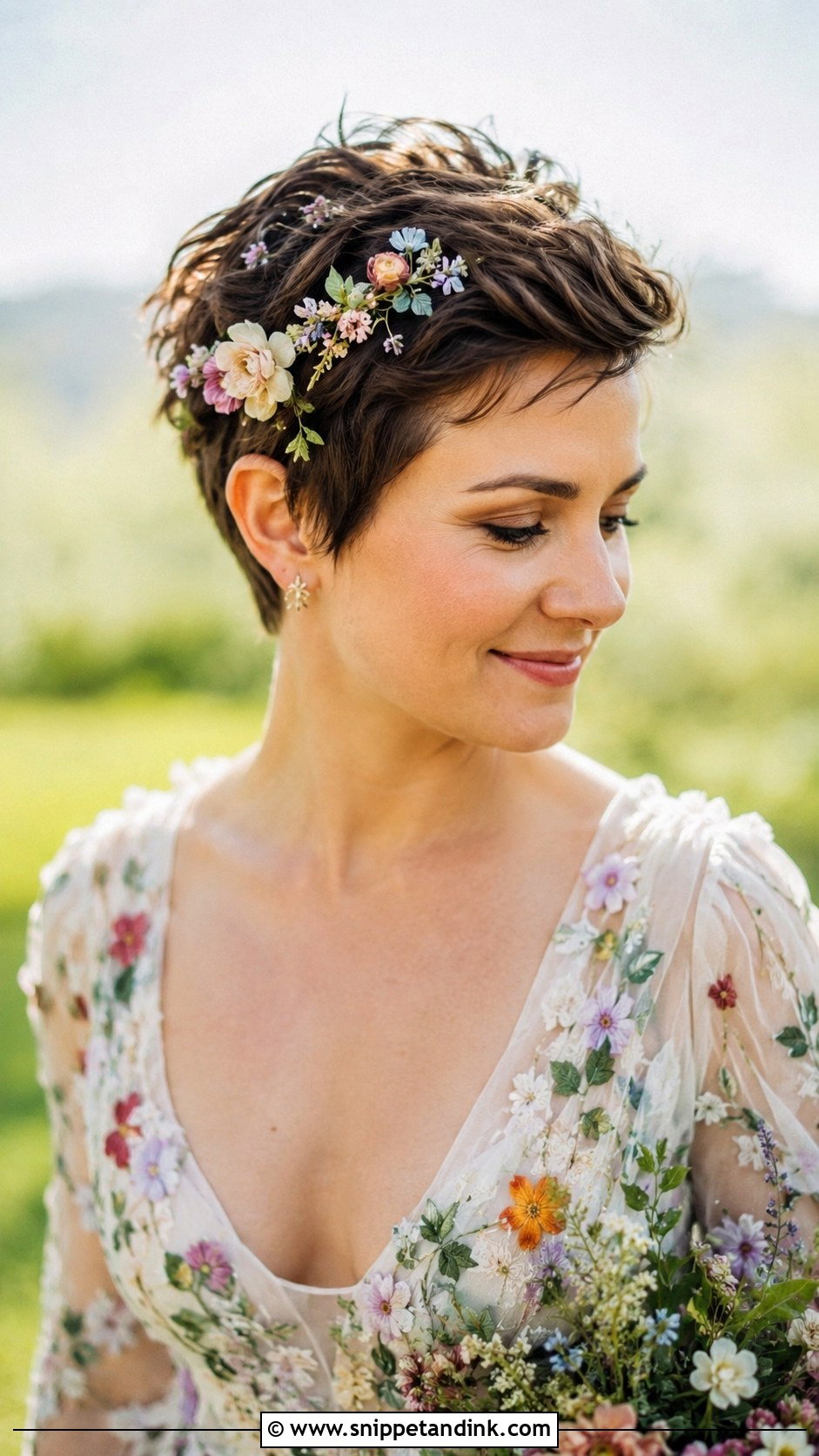 Pixie With Floral Crown Accents - Snippet and Ink - 25 Pixie Wedding Hair Ideas