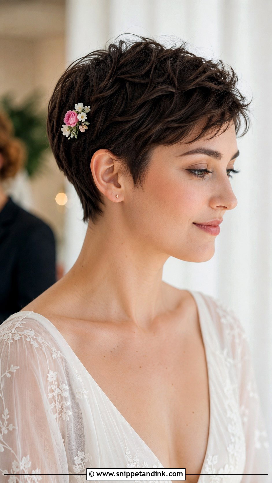 Pixie With Floral Hairpin - Snippet and Ink - 25 Wedding Hair Styles Short Hair