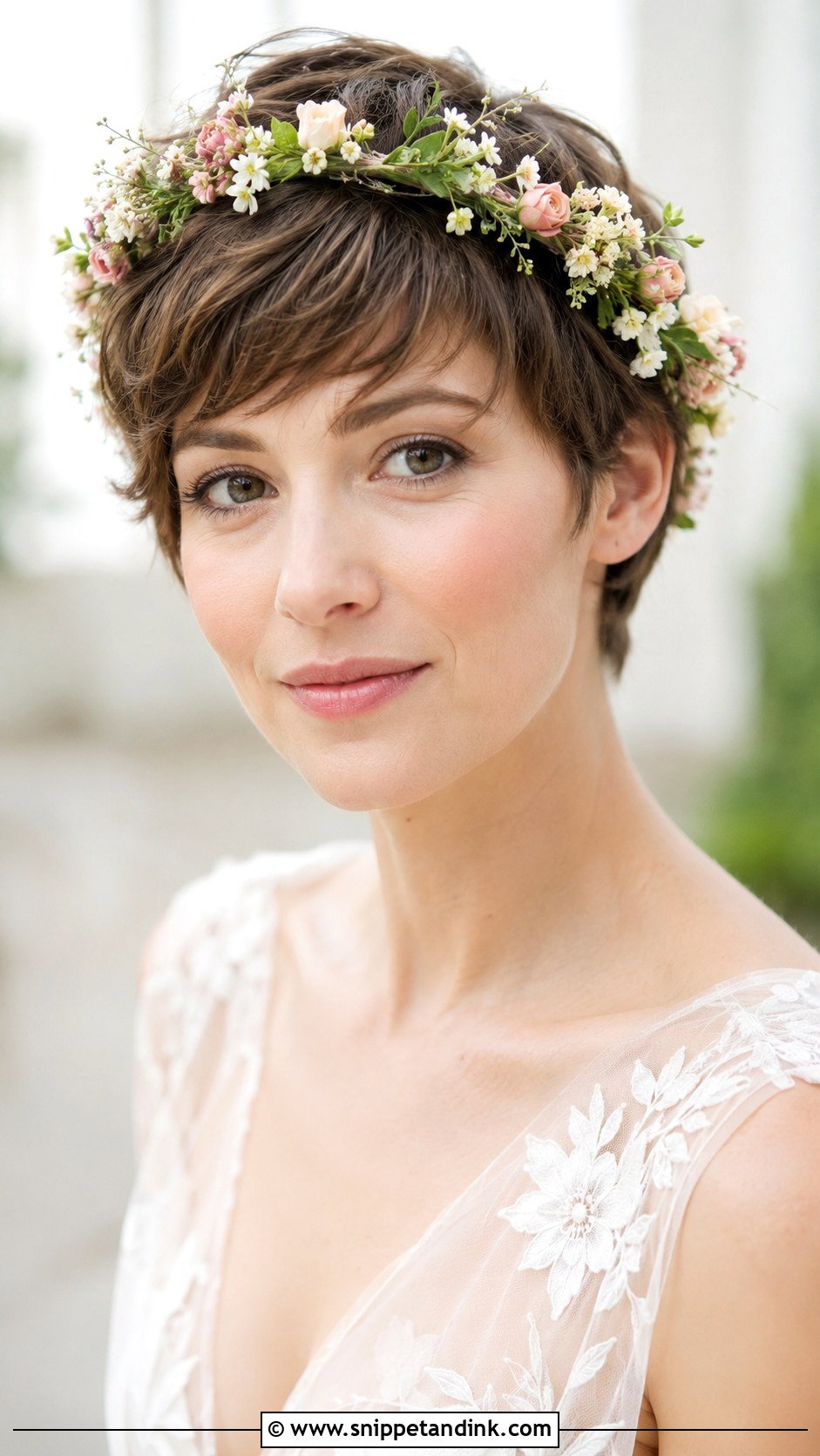 Pixie With Floral Headband - Snippet and Ink - 25 Short Wedding Hairstyle Ideas
