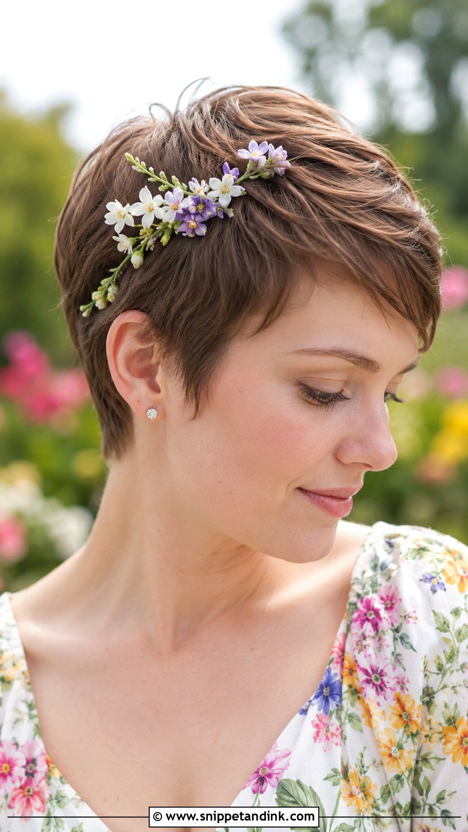 Pixie With Floral Pins - Snippet and Ink - 30 Short Hair Wedding Guest Styles