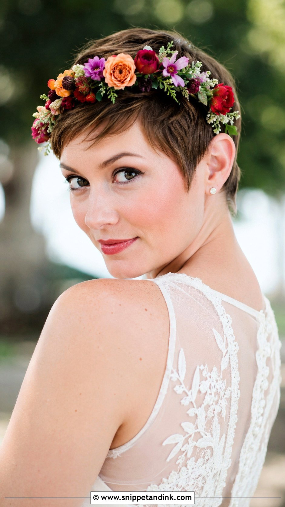 Pixie With Flower Crown - Snippet and Ink - 30 Short Hairstyle Women Wedding Ideas