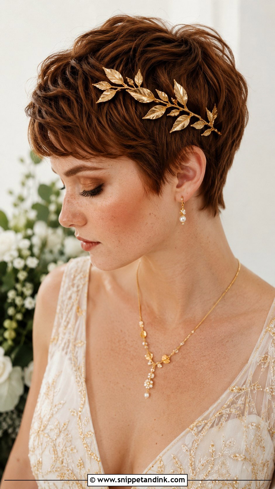 Pixie With Gold Leaf Accent - Snippet and Ink - 25 Pixie Bridal Hair Ideas