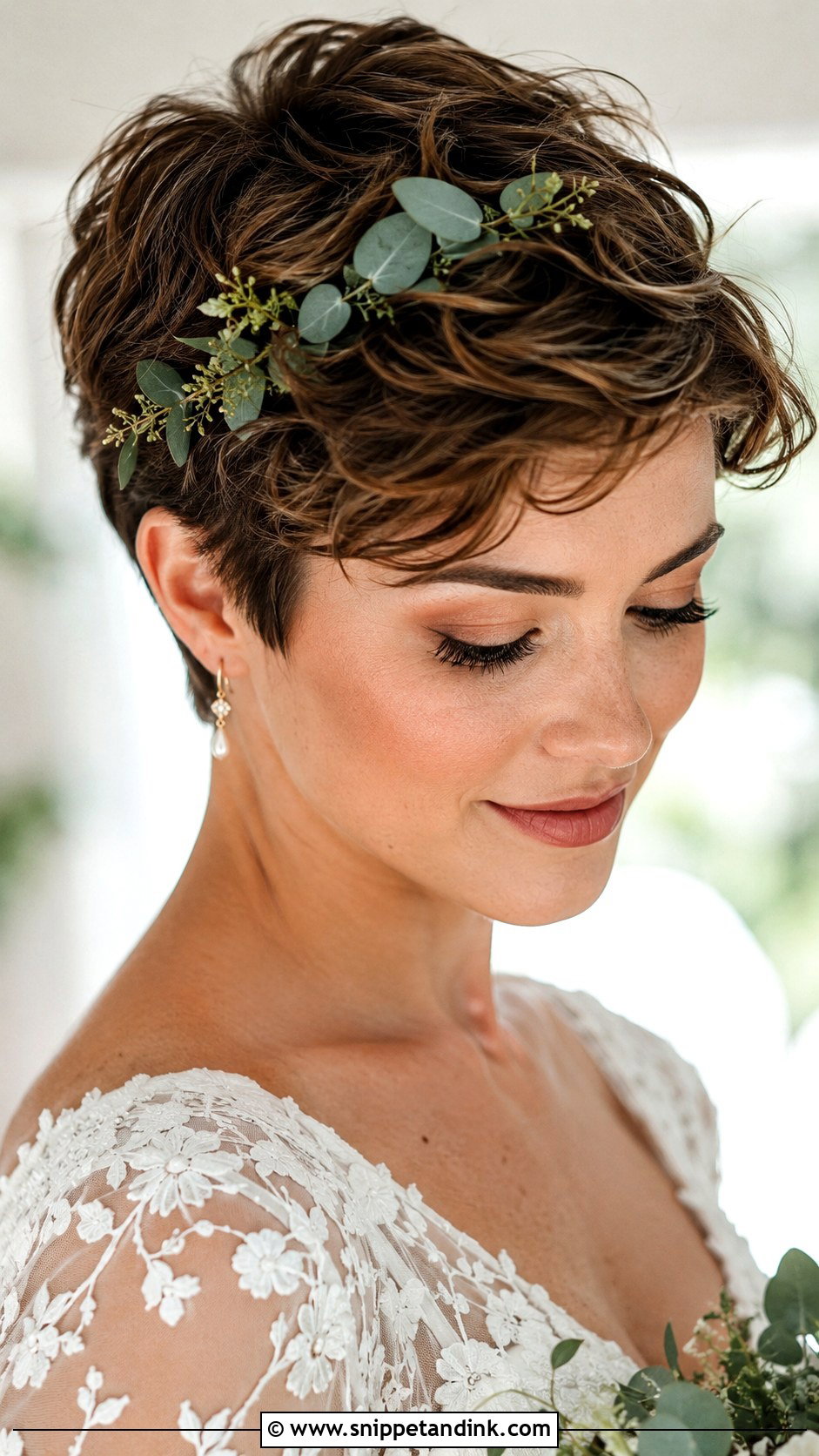 Pixie With Greenery Accents - Snippet and Ink - 25 Pixie Wedding Hair Ideas