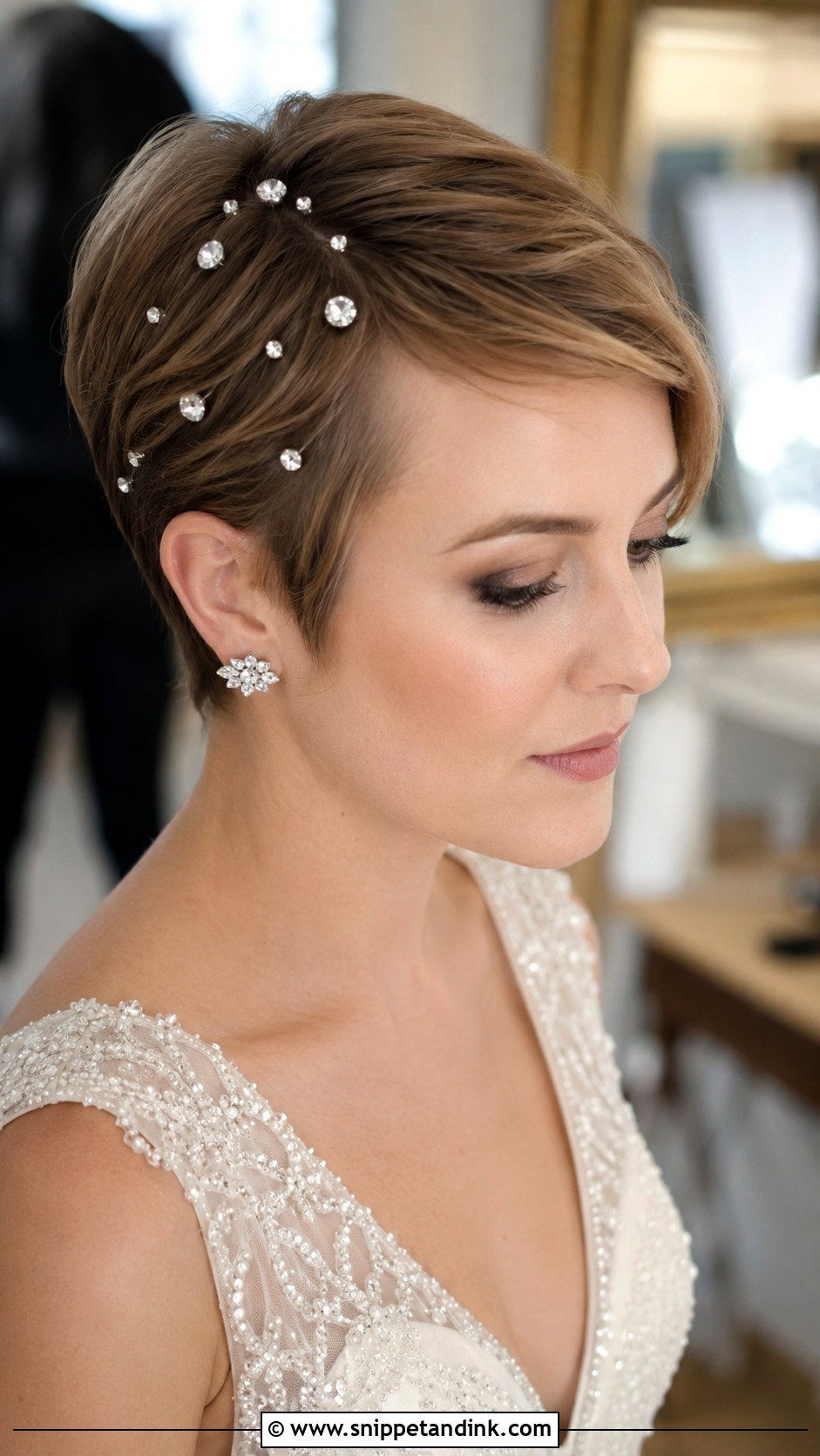Pixie With Jeweled Hairpins - Snippet and Ink - 35 Short Hair Wedding Styles