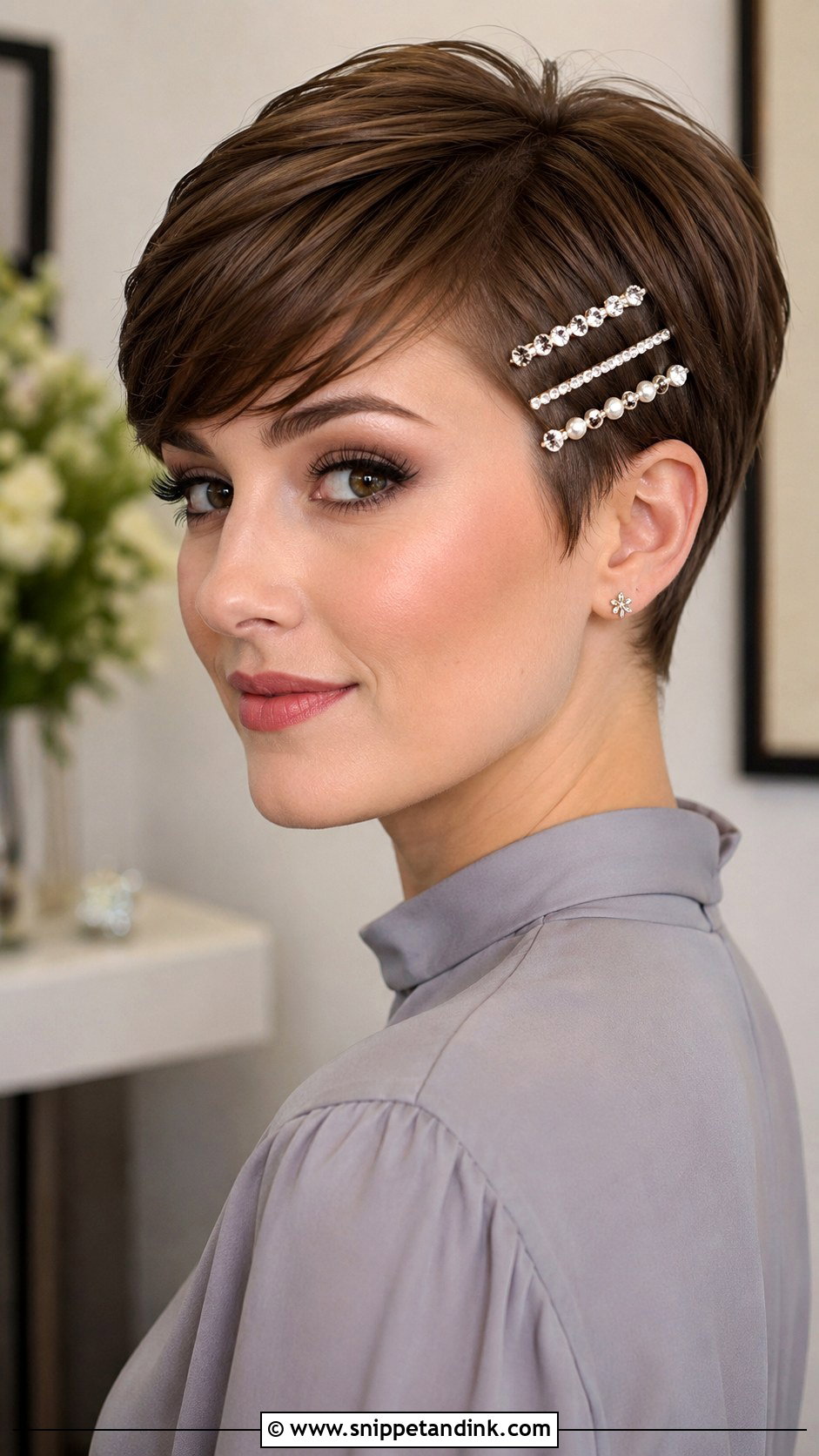 Pixie With Jeweled Hairpins - Snippet and Ink - 25 Wedding Guest Short Hairstyles