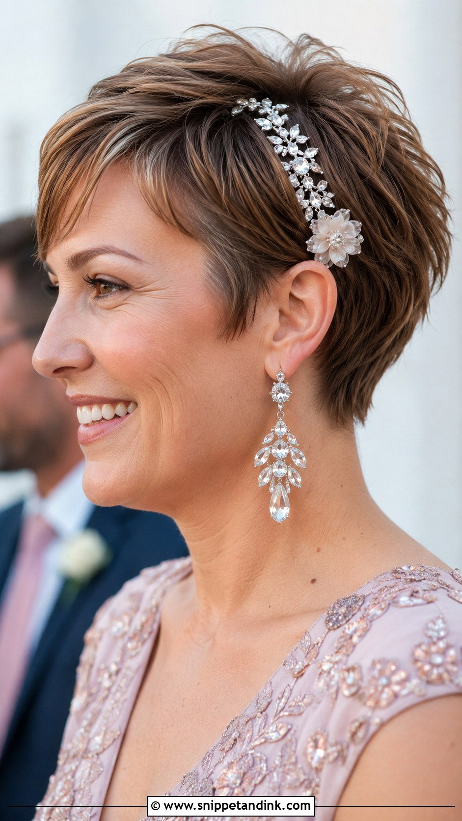 Pixie With Statement Accessories - Snippet and Ink - 25 Short Hair Wedding Guest Ideas