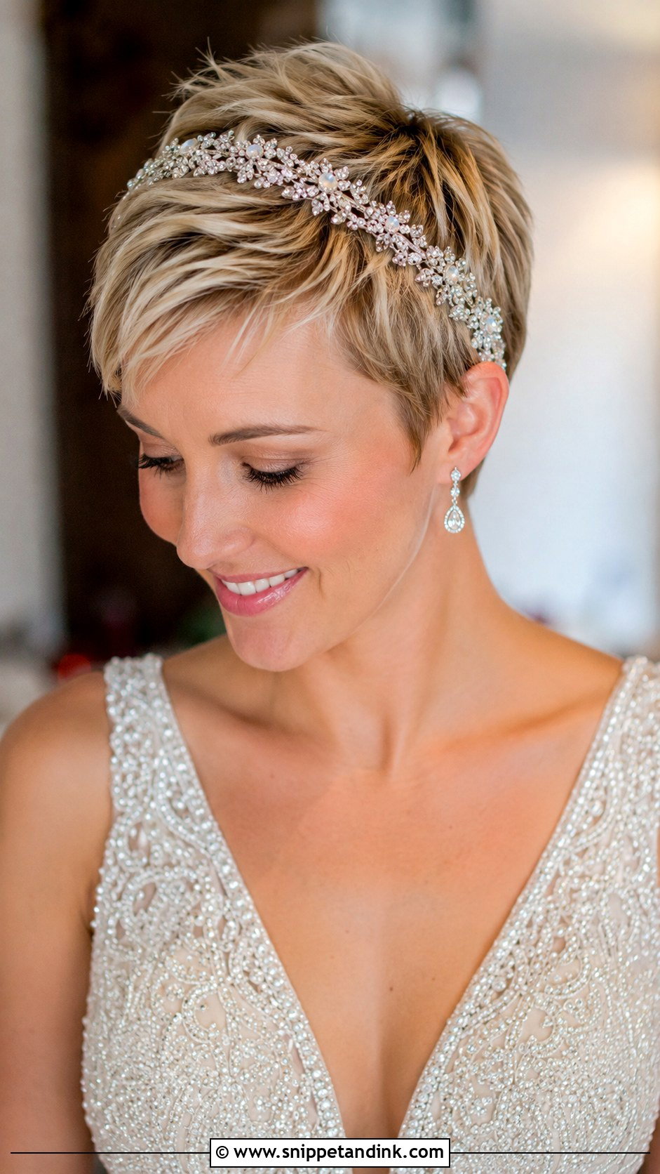 Pixie With a Jeweled Headband - Snippet and Ink - 20 Pixie Wedding Hairstyles