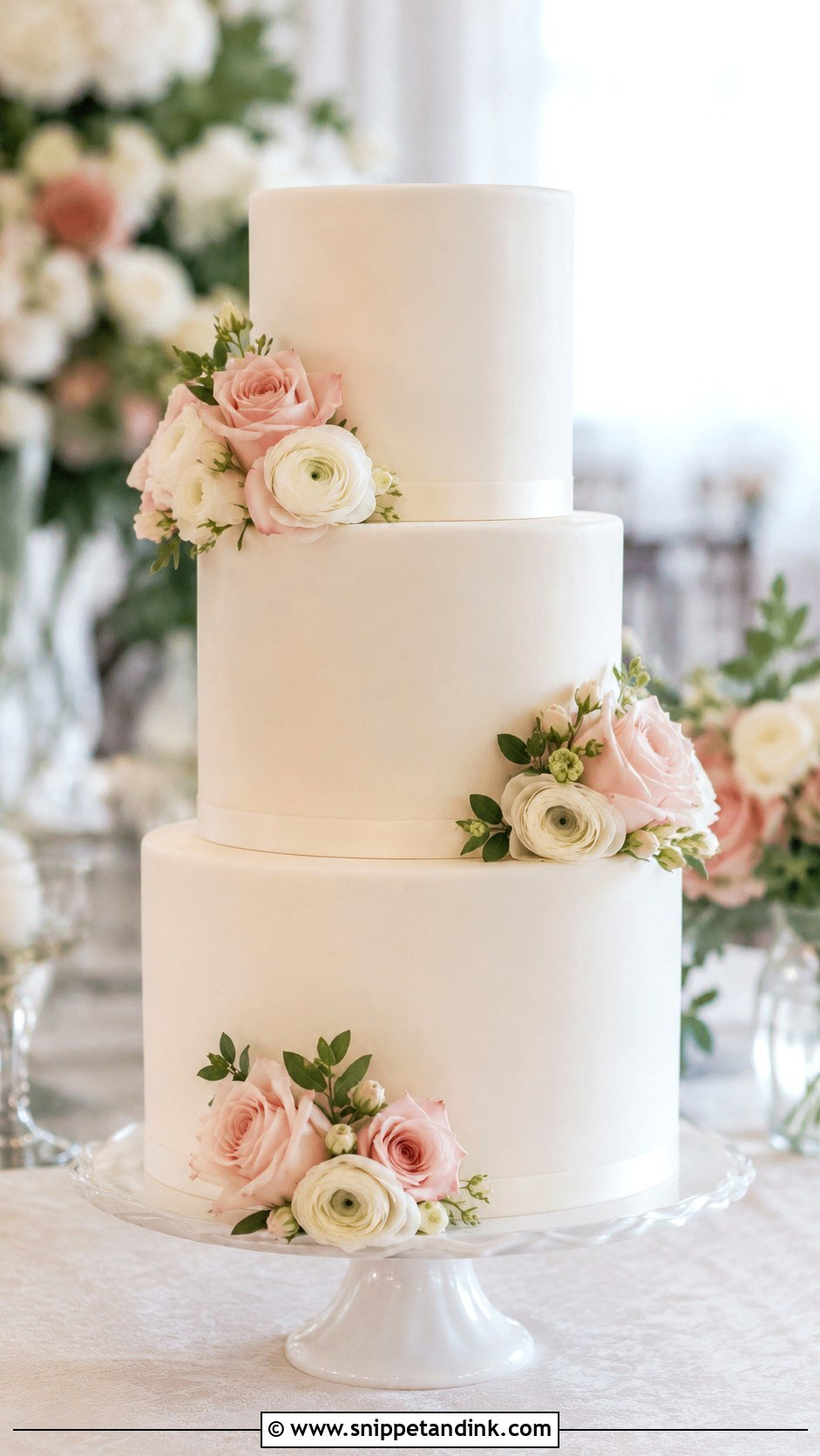 Plain Three Tier Wedding Cake With Flowers - Snippet and Ink - 20 Plain Wedding Cake Ideas with Flowers