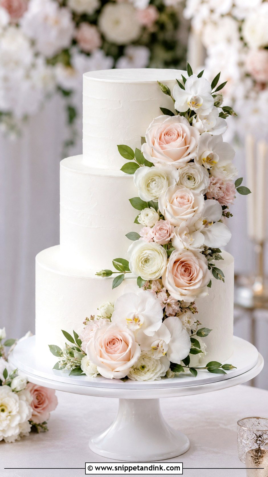 Plain Wedding Cake With Flower Cascade - Snippet and Ink - 20 Plain Wedding Cake Ideas with Flowers