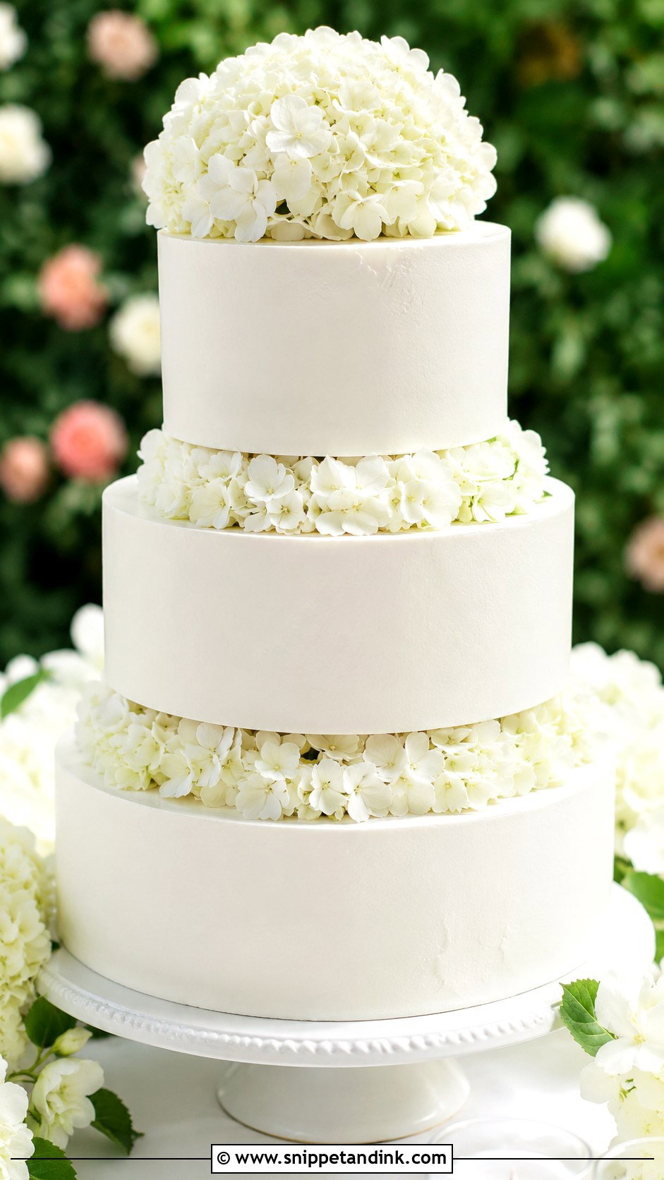 Plain White 3 Tier Hydrangea Wedding Cake - Snippet and Ink - 20 Plain White 3 Tier Wedding Cake Ideas