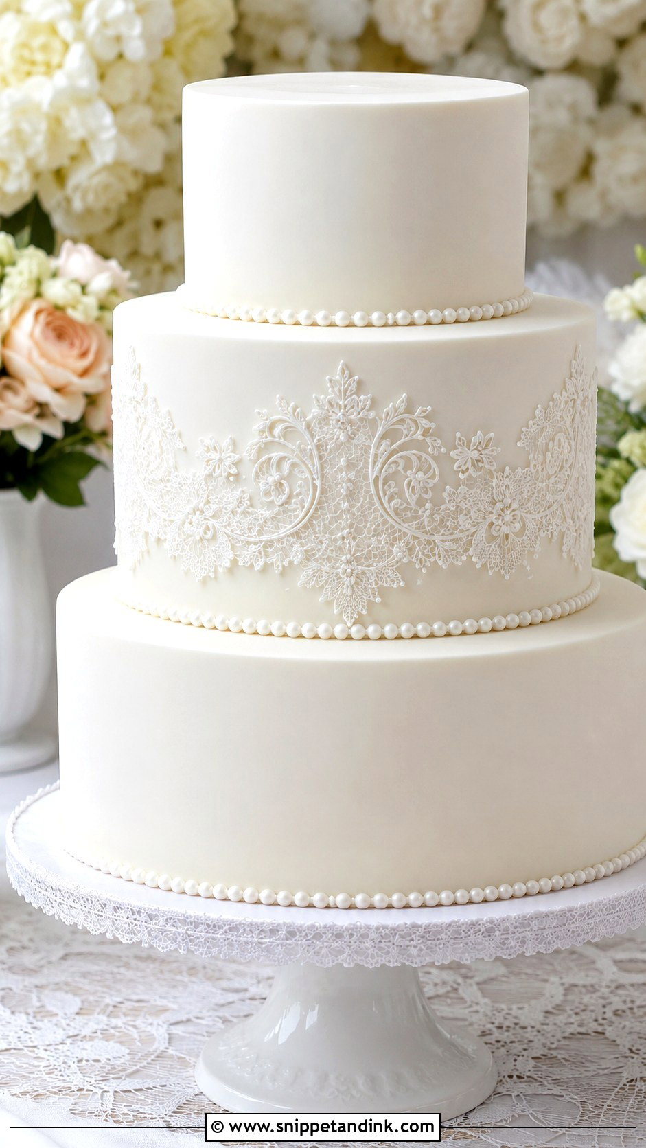 Plain White 3 Tier Lace Wedding Cake - Snippet and Ink - 20 Plain White 3 Tier Wedding Cake Ideas