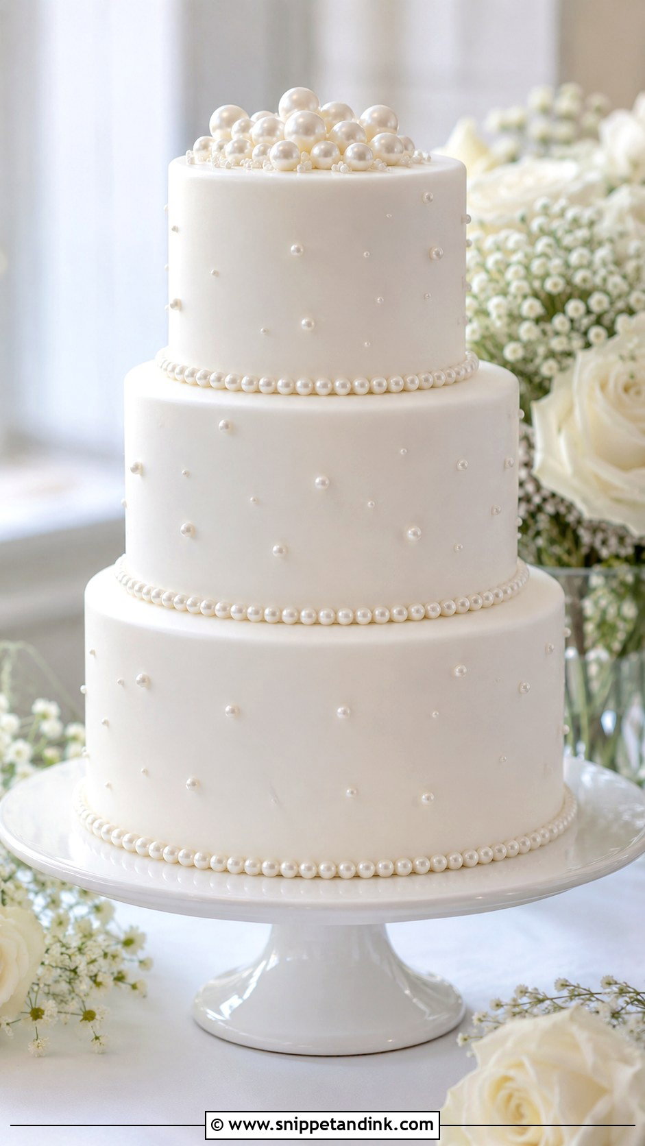 Plain White 3 Tier Pearl Wedding Cake - Snippet and Ink - 20 Plain White 3 Tier Wedding Cake Ideas