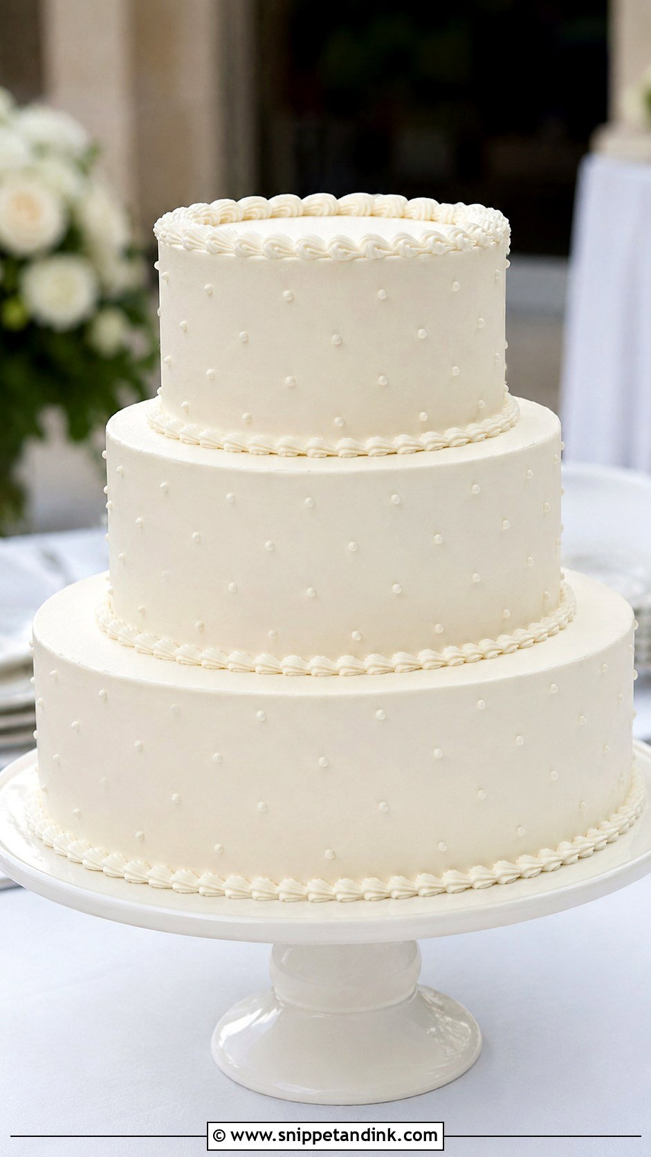 Plain White 3 Tier Piped Wedding Cake - Snippet and Ink - 20 Plain White 3 Tier Wedding Cake Ideas