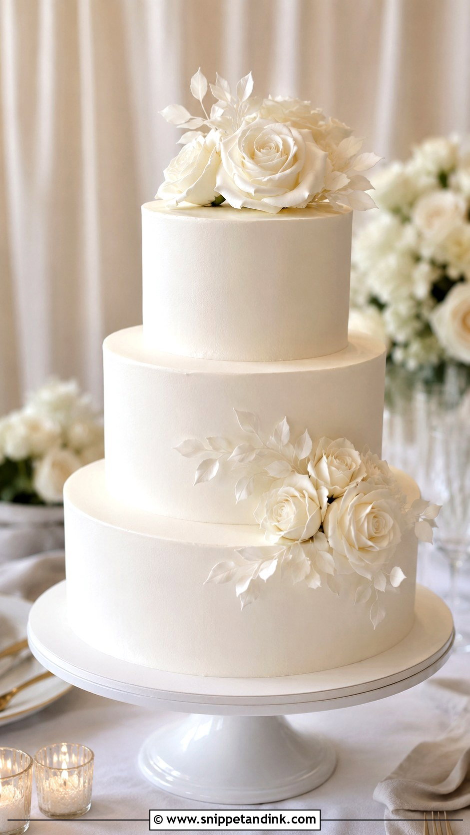 Plain White 3 Tier Rose Wedding Cake - Snippet and Ink - 20 Plain White 3 Tier Wedding Cake Ideas