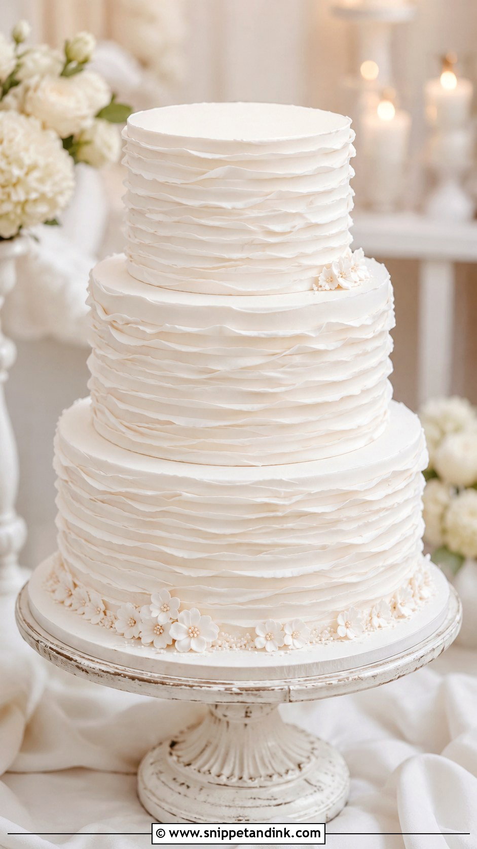 Plain White 3 Tier Ruffle Wedding Cake - Snippet and Ink - 20 Plain White 3 Tier Wedding Cake Ideas