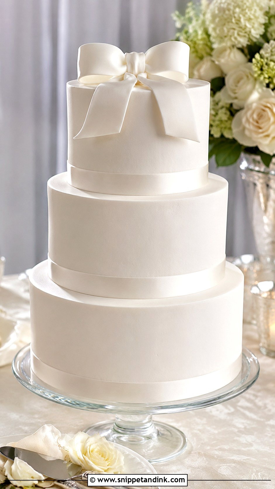 Plain White 3 Tier Satin Ribbon Wedding Cake - Snippet and Ink - 20 Plain White 3 Tier Wedding Cake Ideas