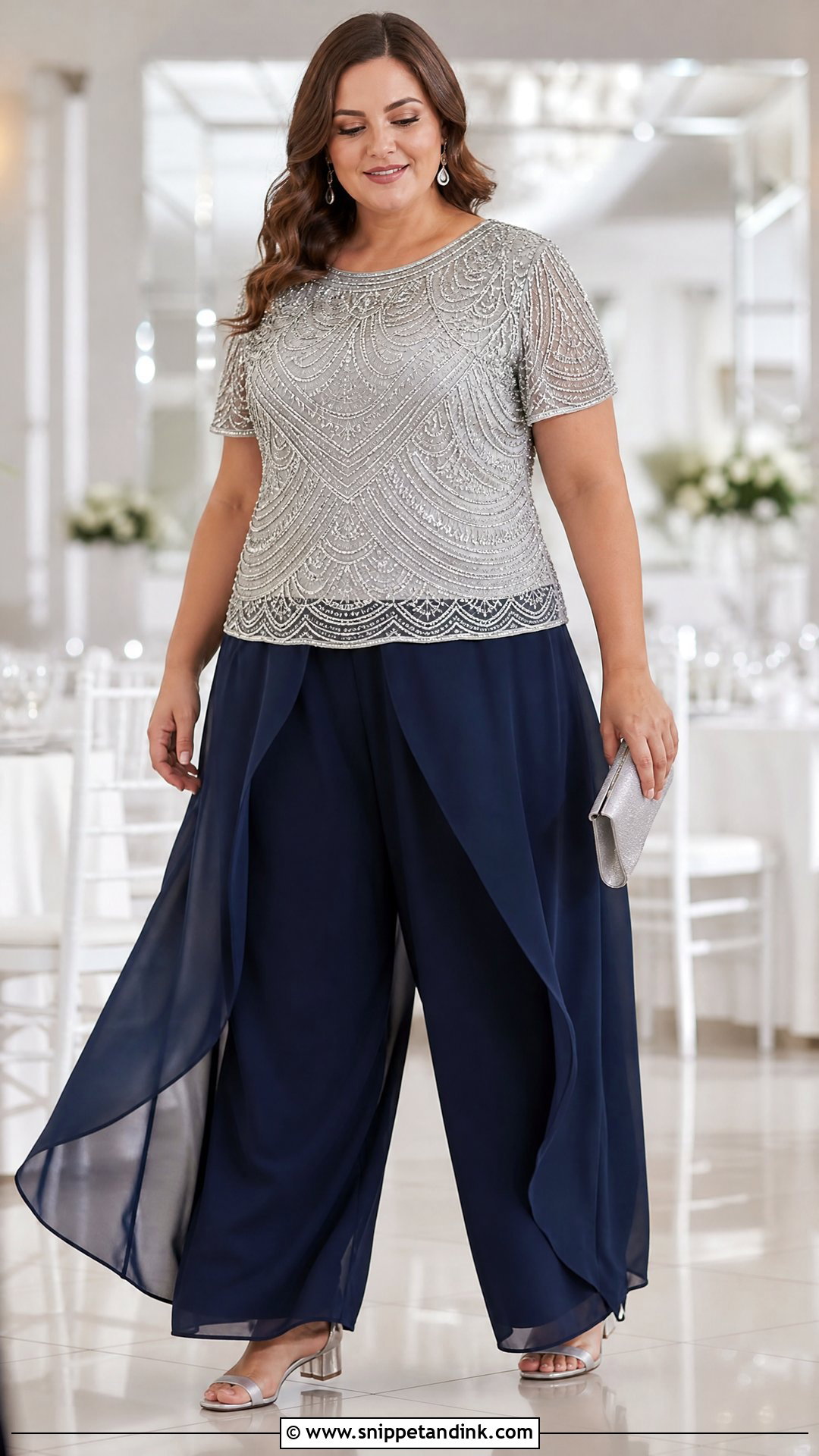 Plus Size Beaded Blouse With Chiffon Pants - Snippet and Ink - 20 plus size dressy tops for a wedding outfit ideas