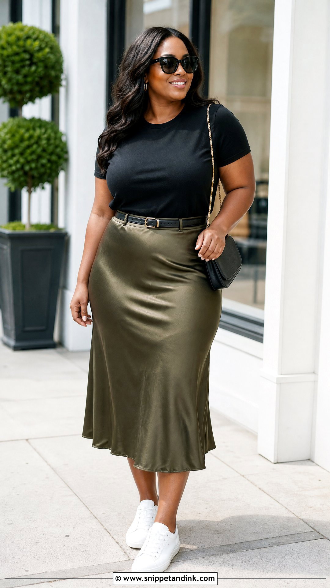Plus Size Black T Shirt And Midi Skirt Outfit - Snippet and Ink - 20 plus size capsule wardrobe ideas