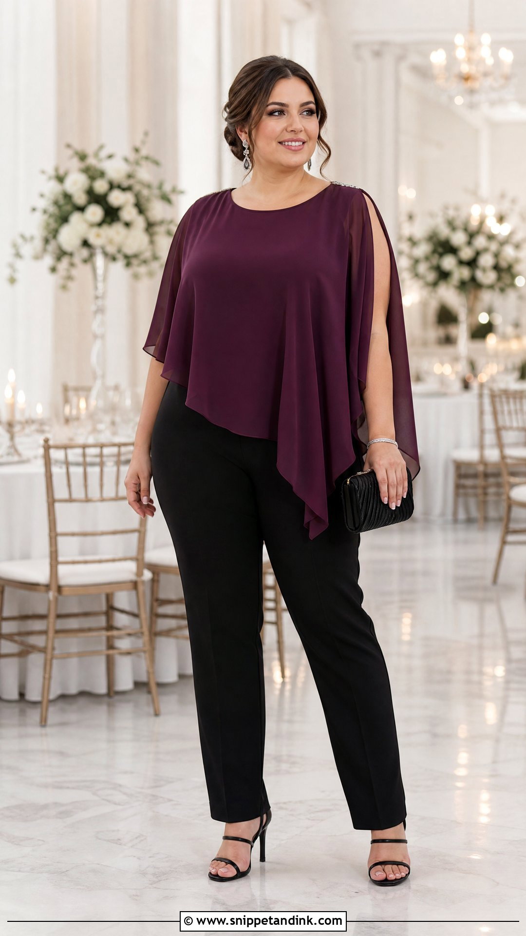 Plus Size Cape Top With Slim Pants - Snippet and Ink - 20 plus size dressy tops for a wedding outfit ideas