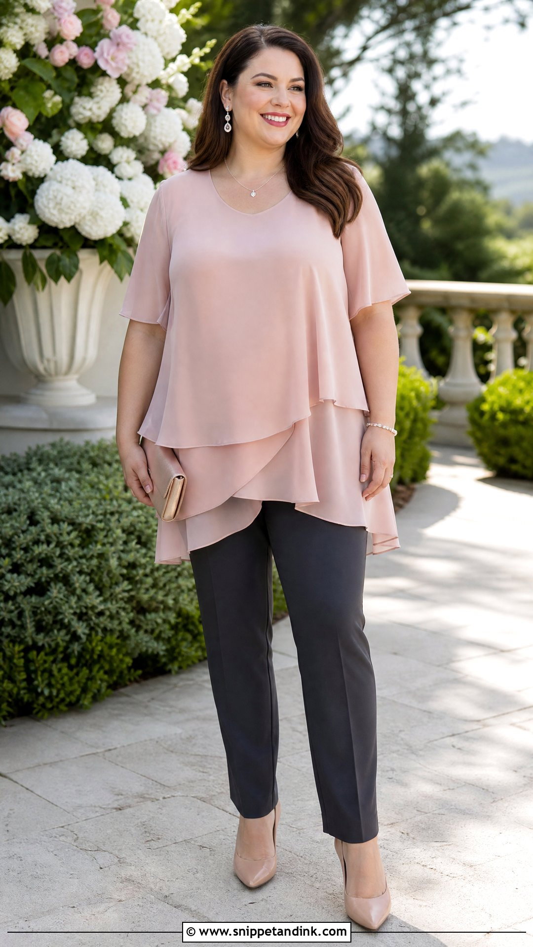 Plus Size Chiffon Tunic With Dress Pants - Snippet and Ink - 20 plus size dressy tops for a wedding outfit ideas