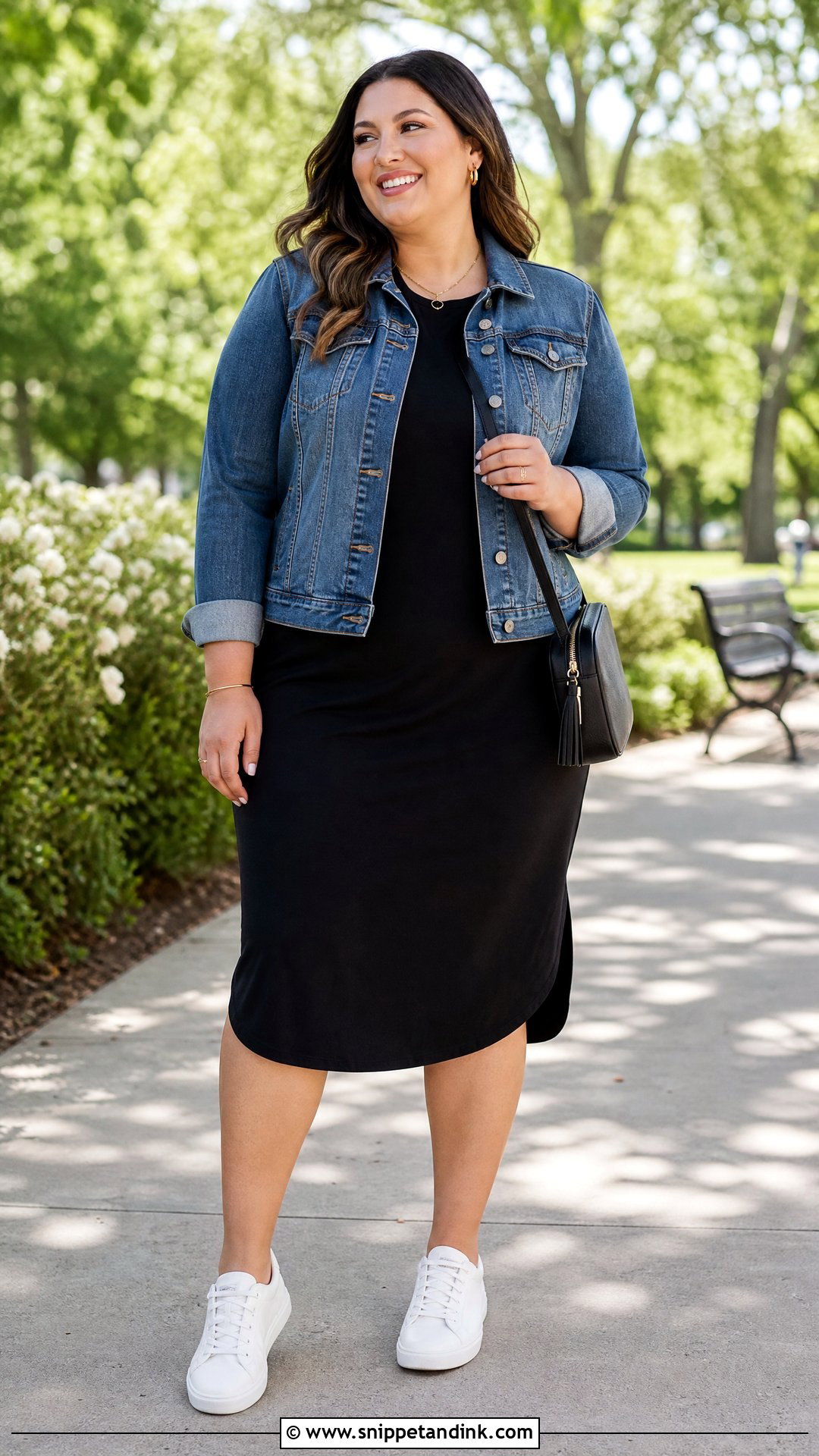 Plus Size Denim Jacket And Black Dress Outfit - Snippet and Ink - 20 plus size capsule wardrobe ideas