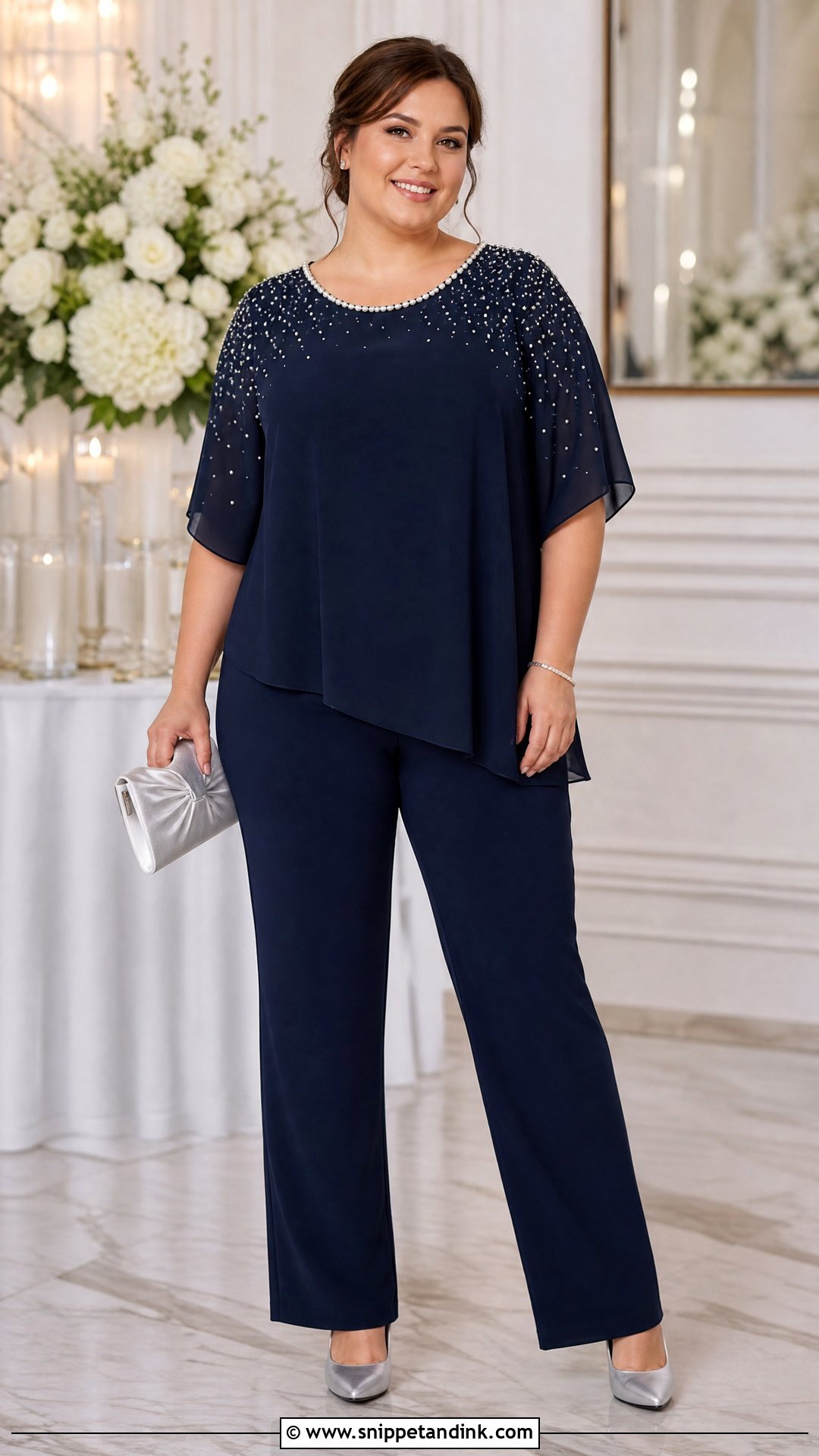 Plus Size Embellished Top With Crepe Pants - Snippet and Ink - 20 plus size dressy tops for a wedding outfit ideas