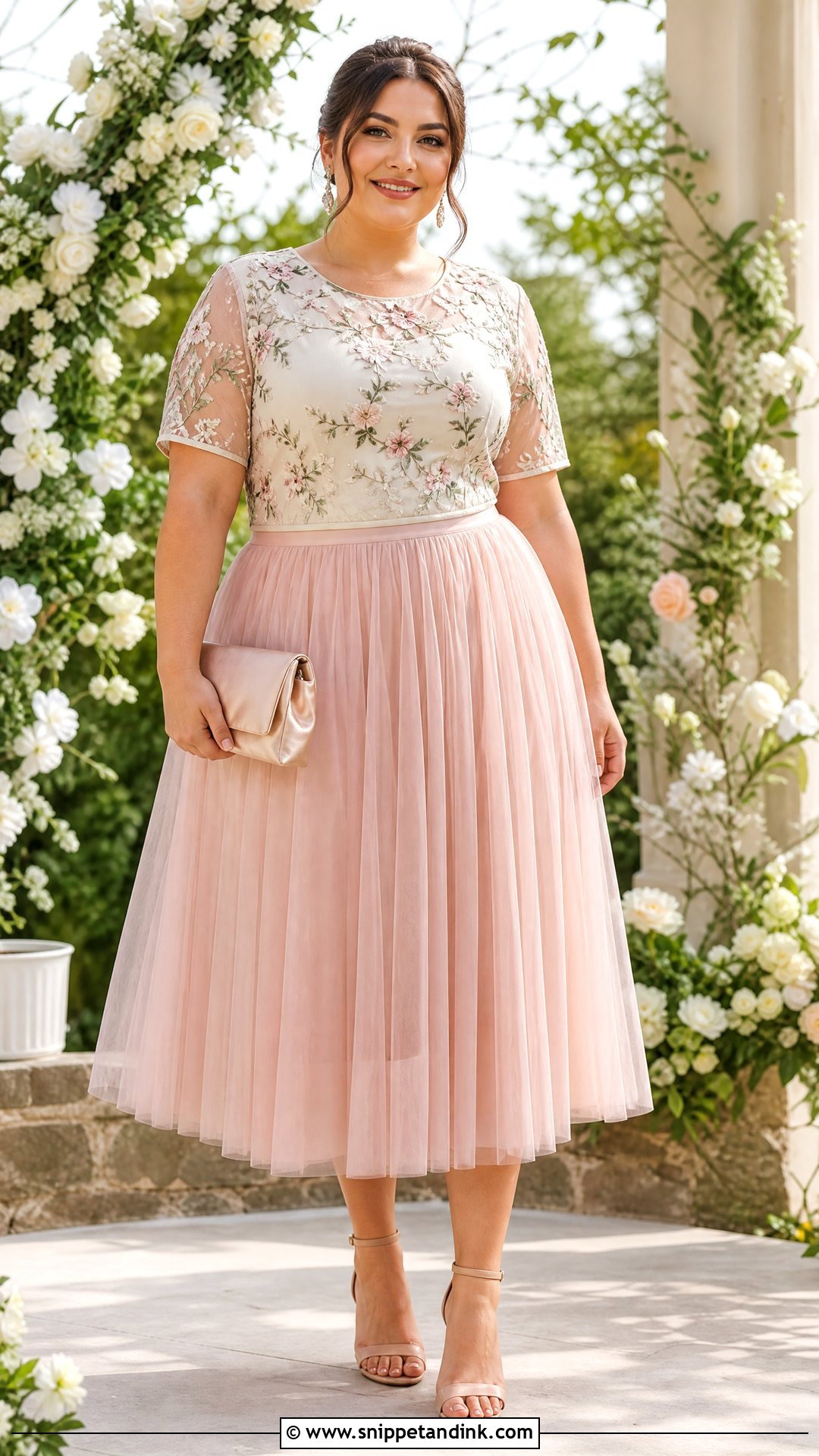 Plus Size Embroidered Top And Tulle Skirt Wedding Guest Outfit - Snippet and Ink - 20 plus size wedding guest top outfit ideas
