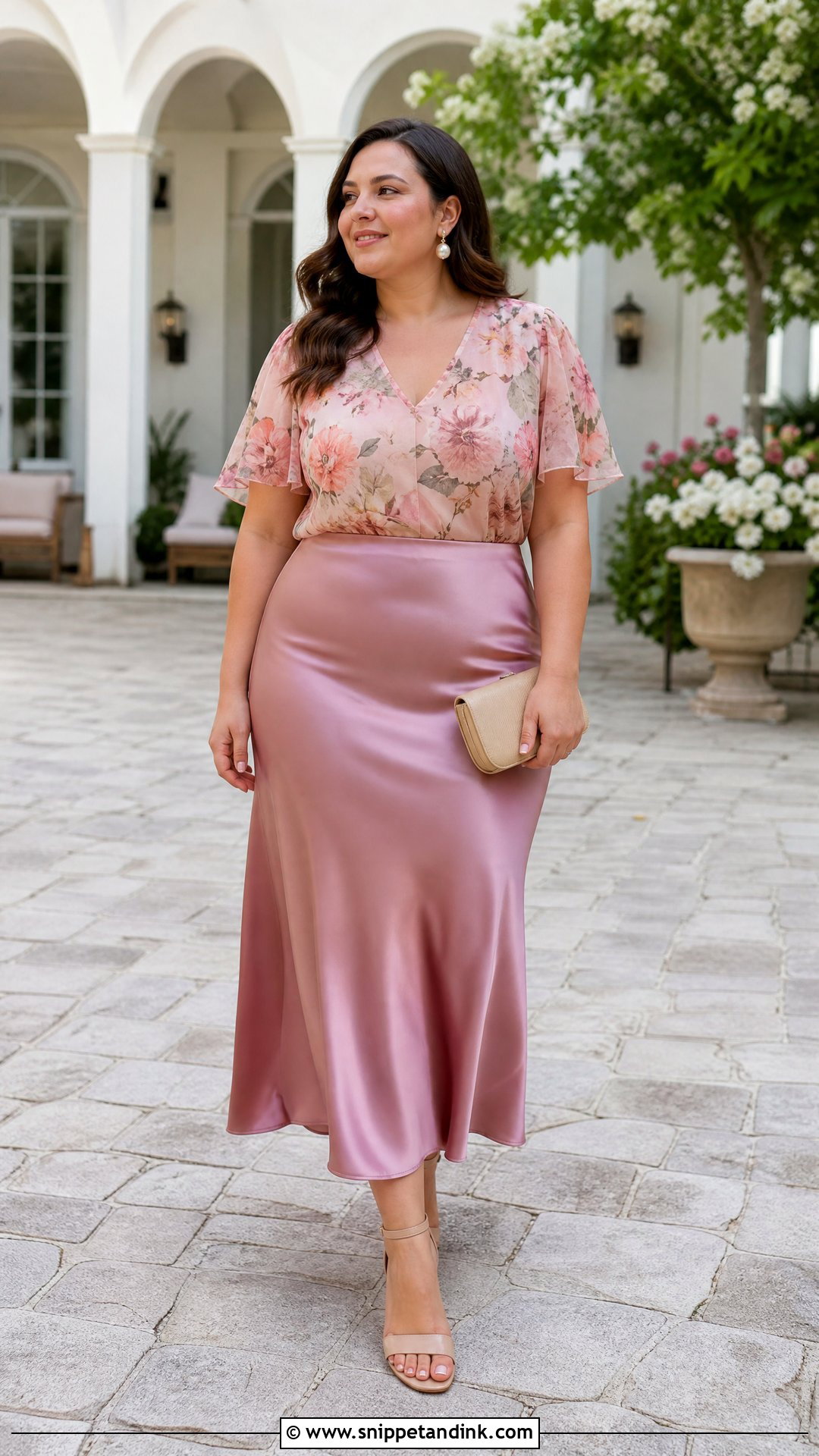 Plus Size Floral Blouse With Satin Skirt - Snippet and Ink - 20 plus size dressy tops for a wedding outfit ideas