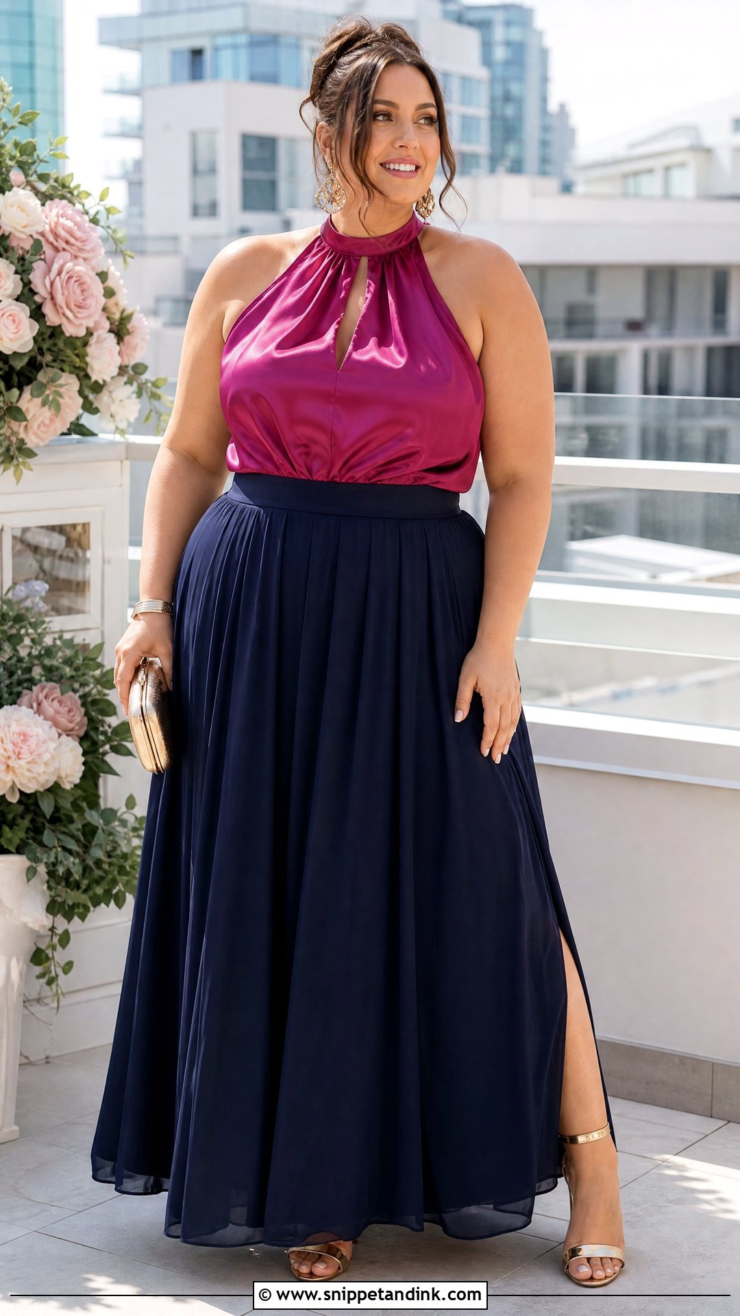 Plus Size Halter Top And Flowing Skirt Wedding Guest Outfit - Snippet and Ink - 20 plus size wedding guest top outfit ideas