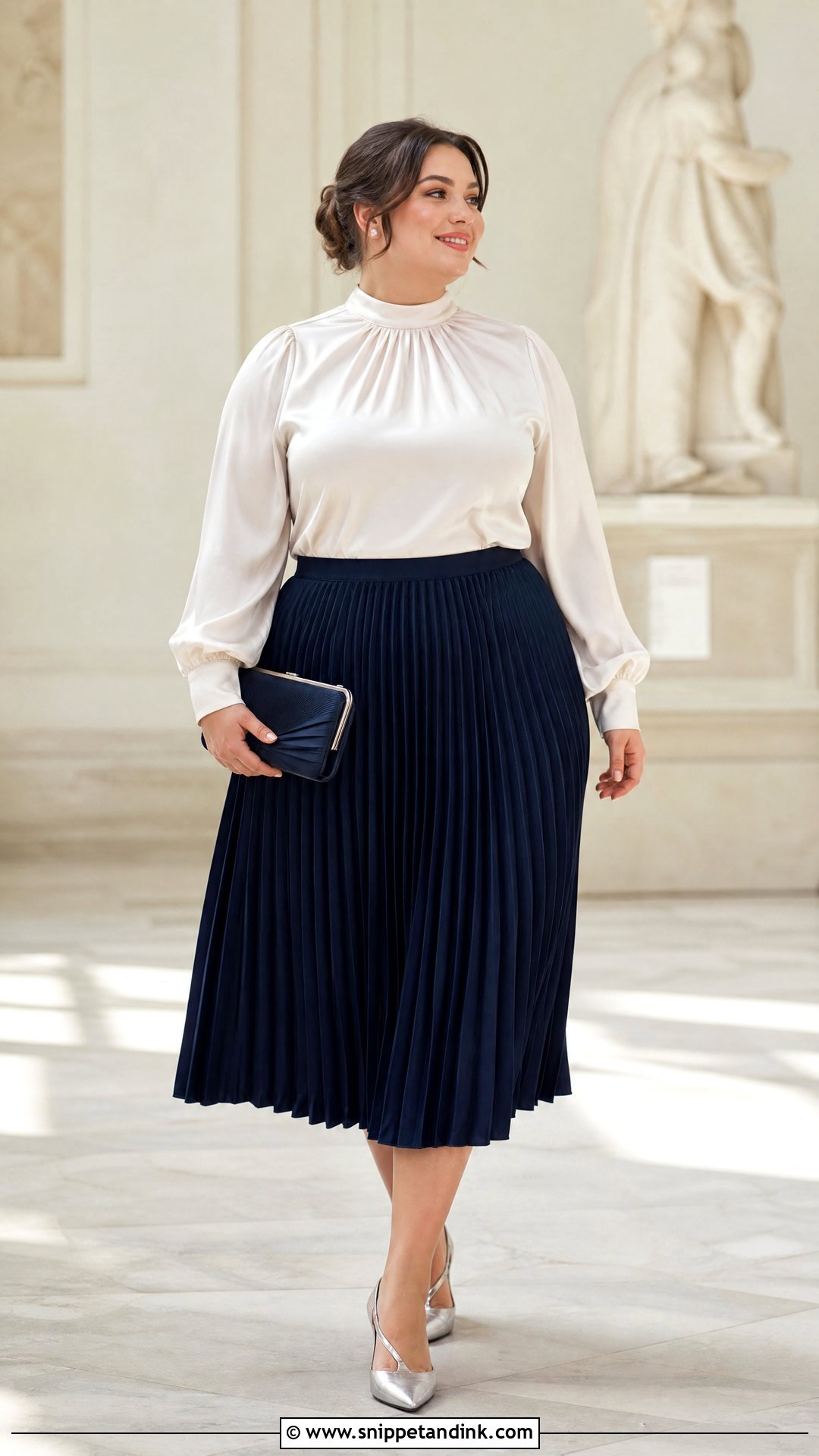 Plus Size High Neck Blouse With Pleated Skirt - Snippet and Ink - 20 plus size dressy tops for a wedding outfit ideas