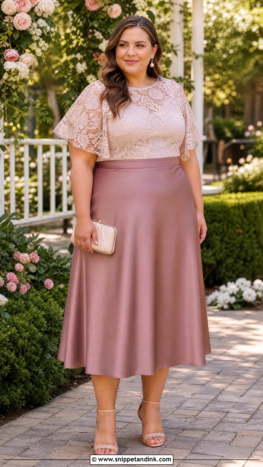 Plus Size Lace Top And Midi Skirt Wedding Guest Outfit - Snippet and Ink - 20 plus size wedding guest top outfit ideas