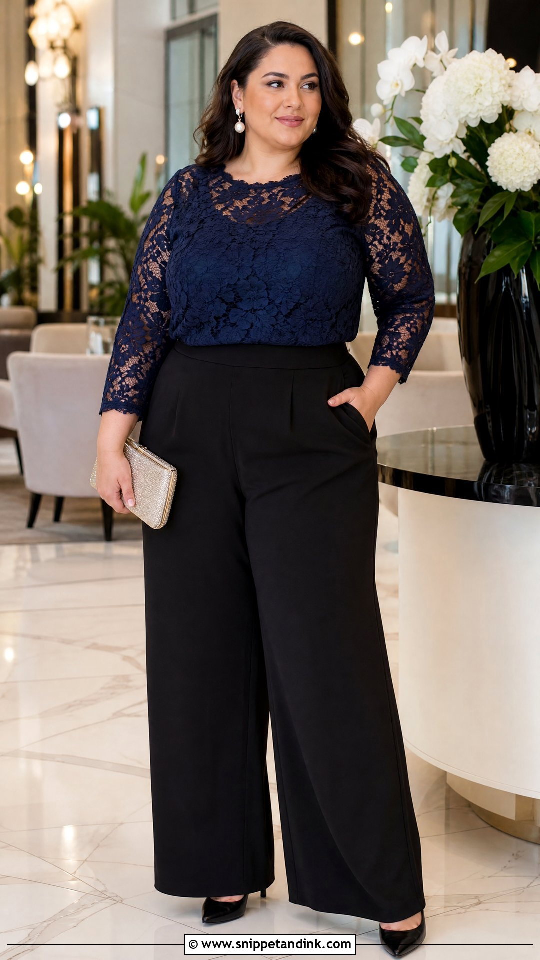 Plus Size Lace Top With Wide Leg Pants - Snippet and Ink - 20 plus size dressy tops for a wedding outfit ideas
