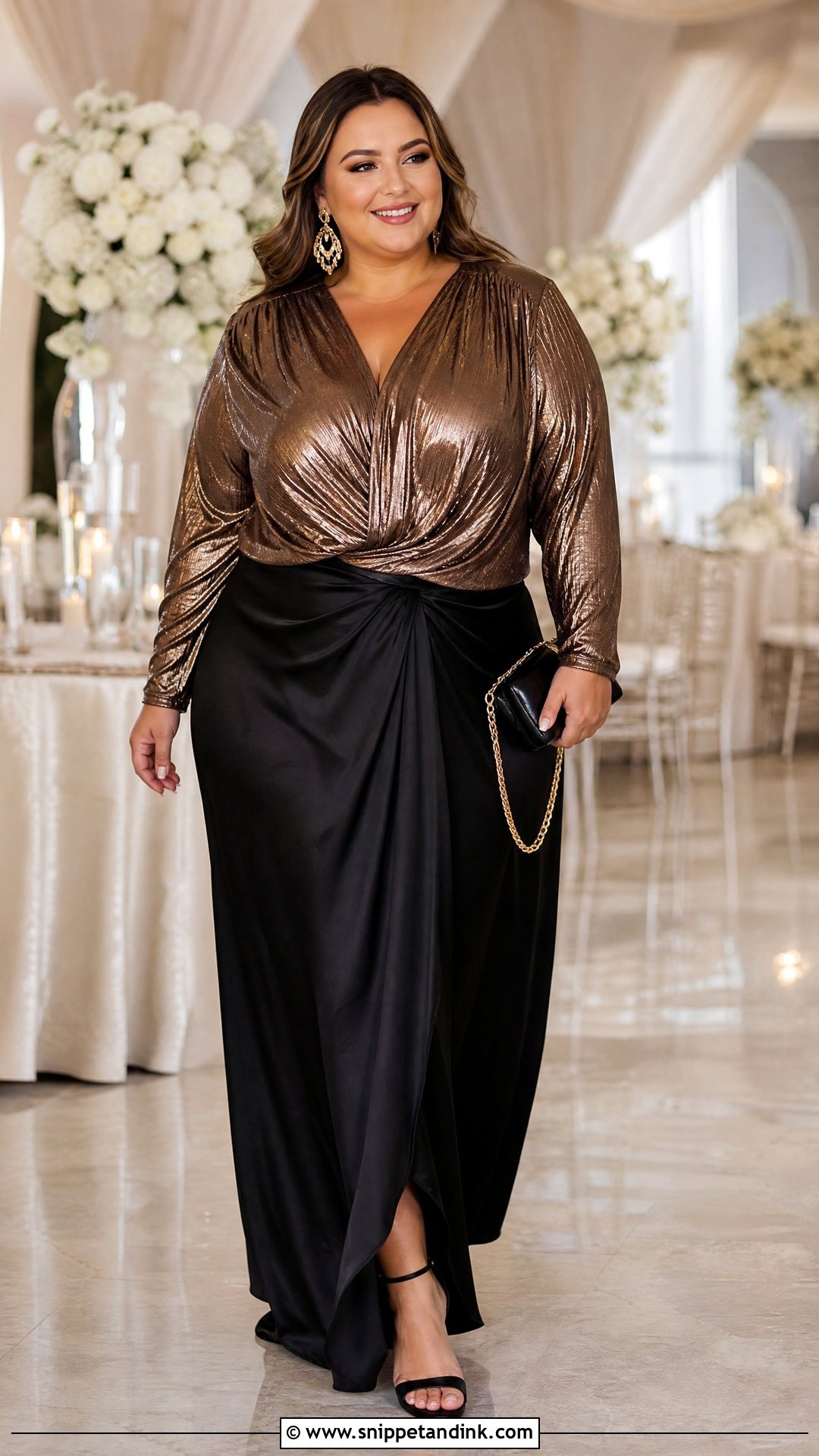 Plus Size Metallic Top And Black Maxi Skirt Wedding Guest Outfit - Snippet and Ink - 20 plus size wedding guest top outfit ideas