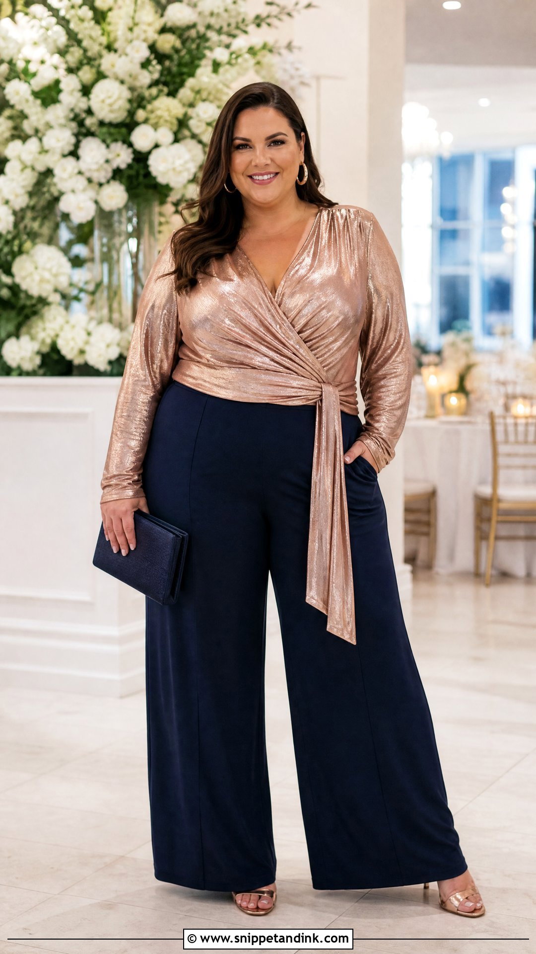 Plus Size Metallic Top With Navy Trousers - Snippet and Ink - 20 plus size dressy tops for a wedding outfit ideas