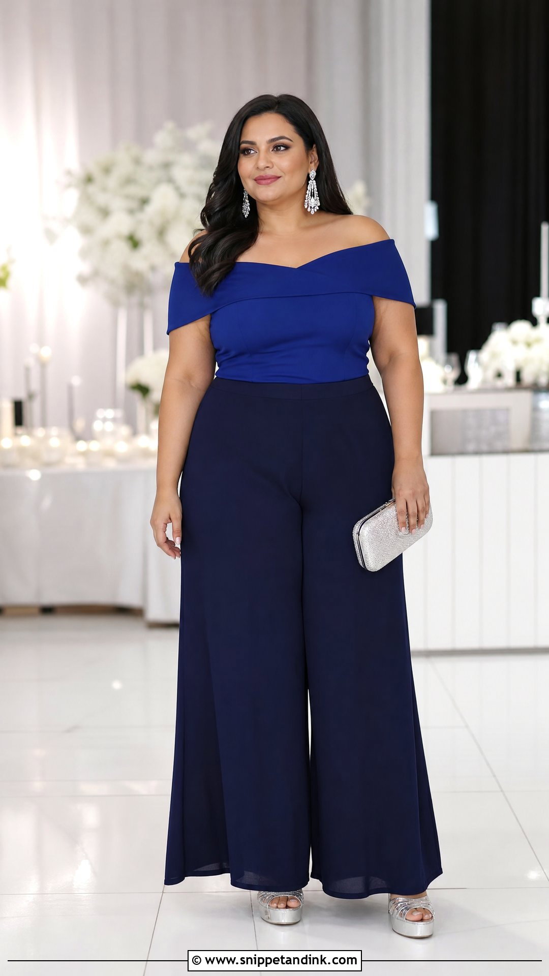 Plus Size Off Shoulder Top And Palazzo Pants Wedding Guest Outfit - Snippet and Ink - 20 plus size wedding guest top outfit ideas