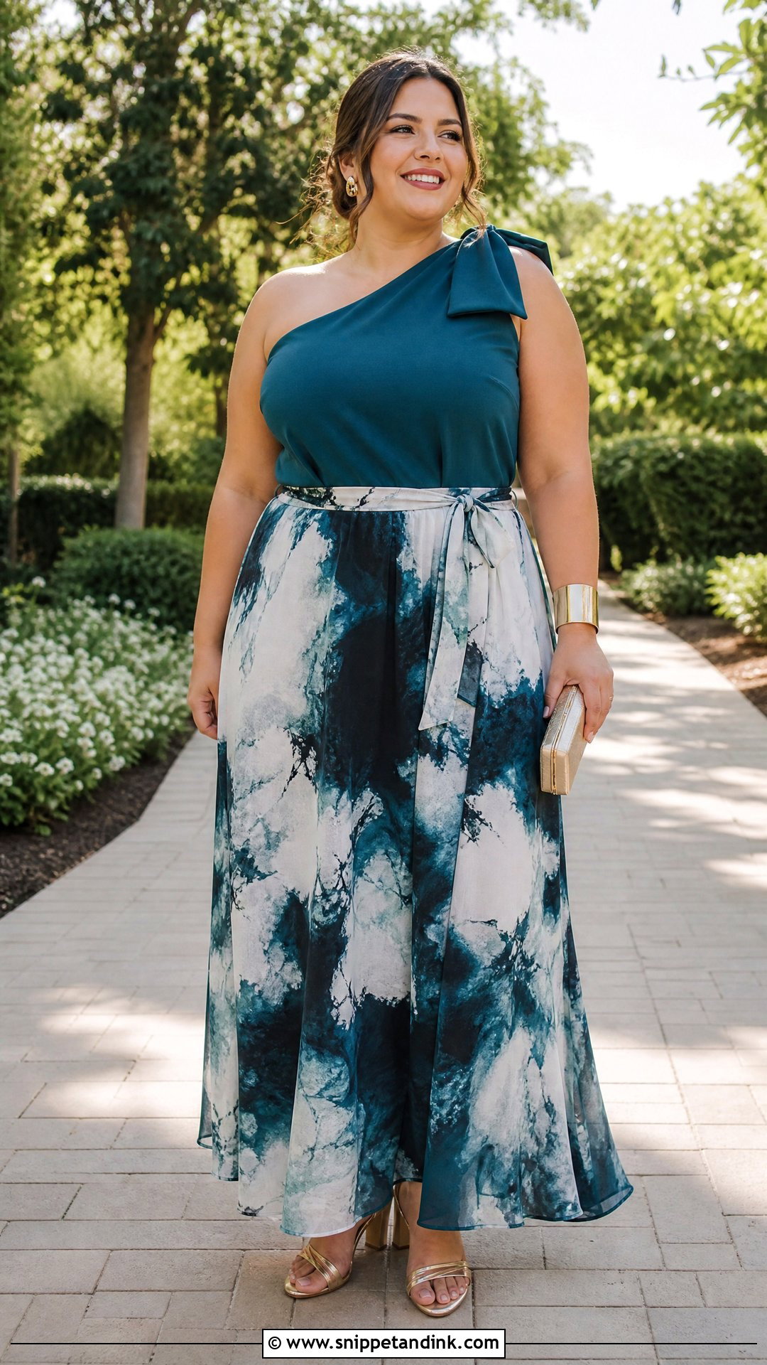 Plus Size One Shoulder Top And Maxi Skirt Wedding Guest Outfit - Snippet and Ink - 20 plus size wedding guest top outfit ideas
