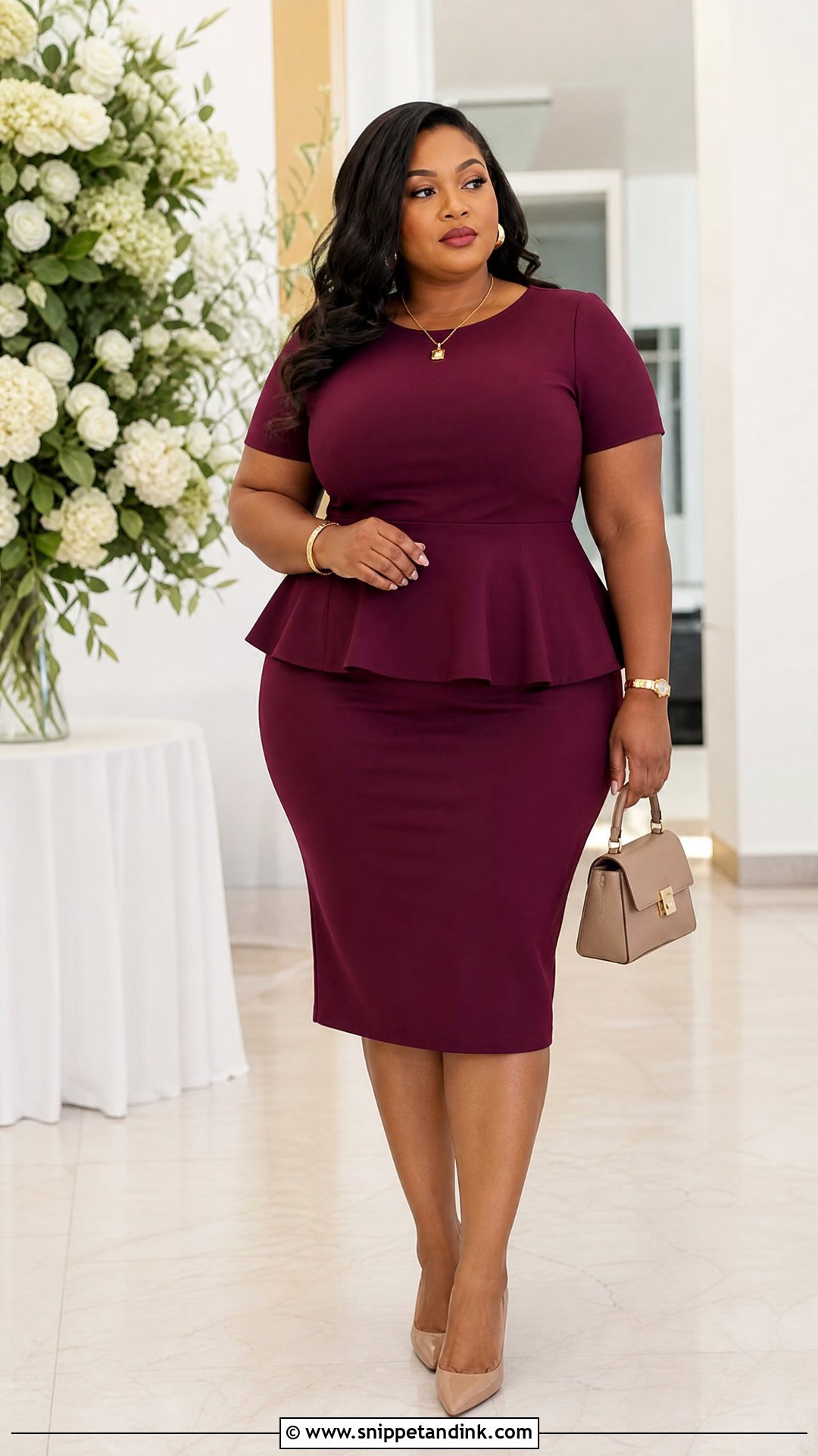 Plus Size Peplum Top And Pencil Skirt Wedding Guest Outfit - Snippet and Ink - 20 plus size wedding guest top outfit ideas