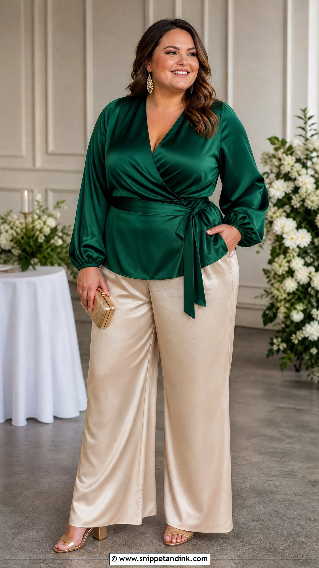 Plus Size Satin Blouse With Palazzo Pants - Snippet and Ink - 20 plus size dressy tops for a wedding outfit ideas