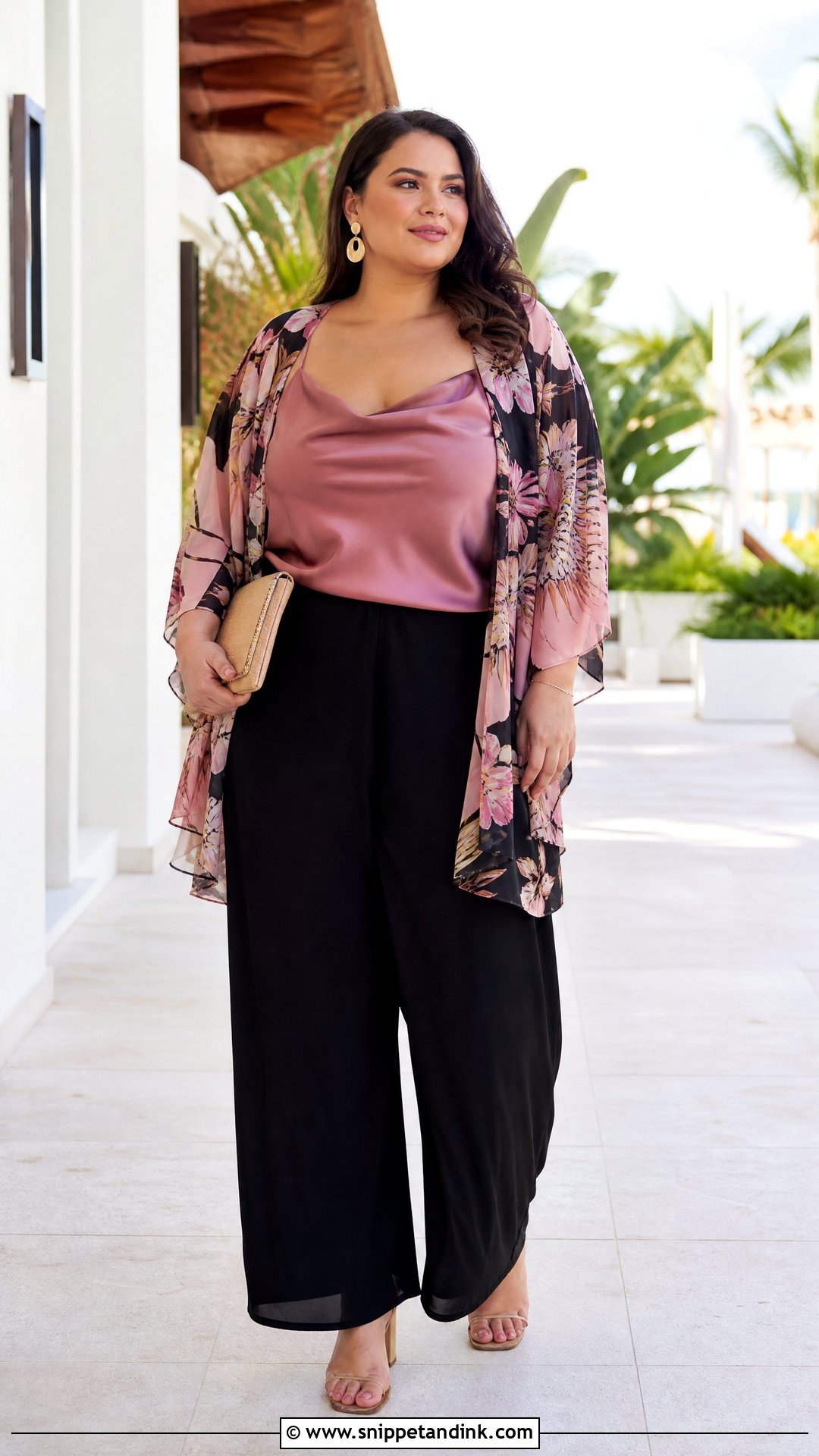 Plus Size Satin Camisole And Kimono Jacket Wedding Guest Outfit - Snippet and Ink - 20 plus size wedding guest top outfit ideas