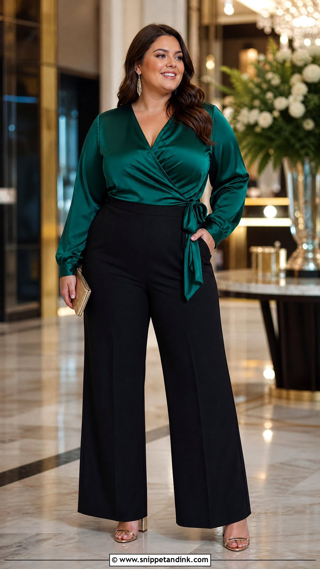 Plus Size Satin Top And Wide Leg Pants Wedding Guest Outfit - Snippet and Ink - 20 plus size wedding guest top outfit ideas