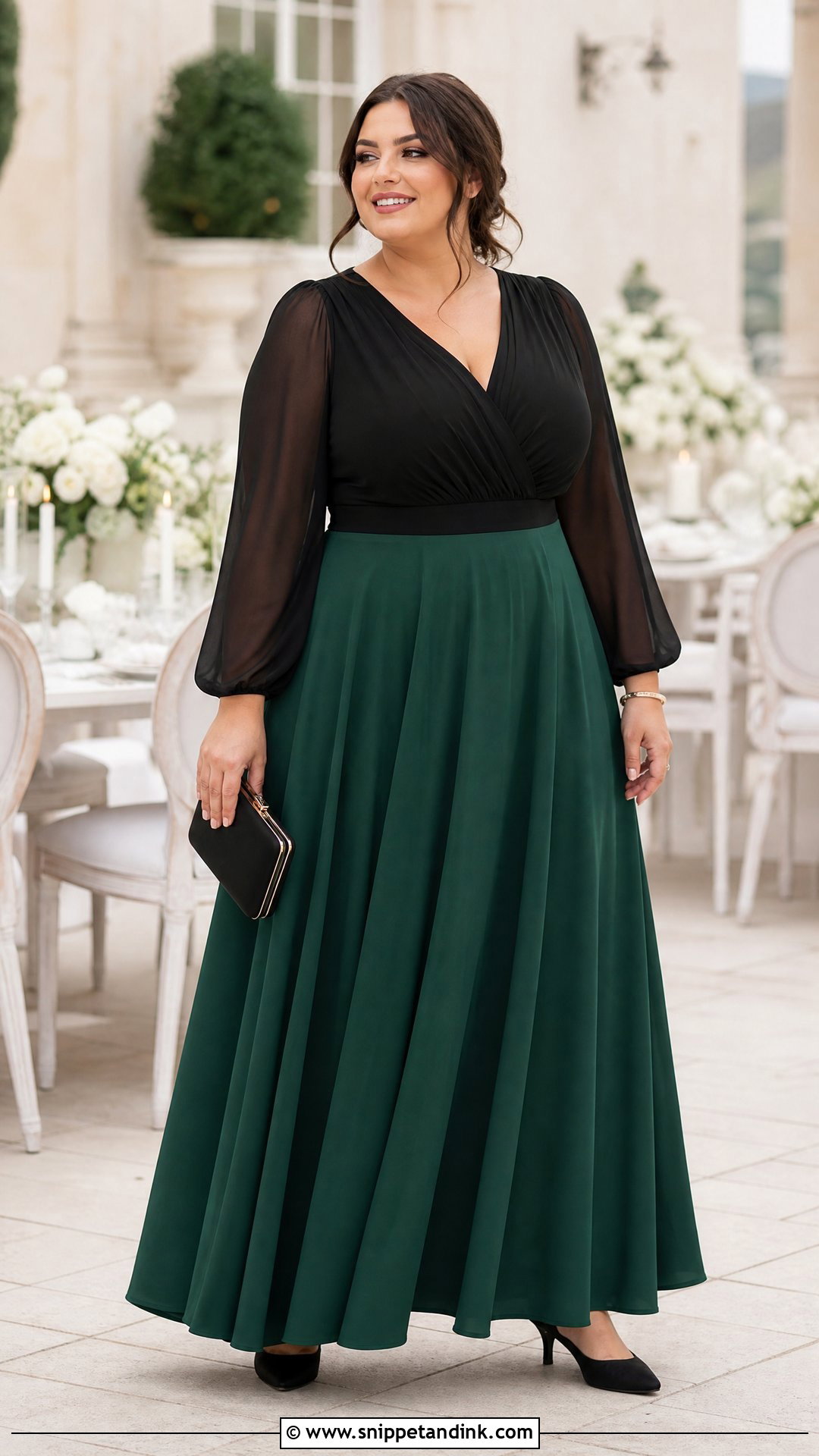 Plus Size Sheer Sleeve Top With Maxi Skirt - Snippet and Ink - 20 plus size dressy tops for a wedding outfit ideas